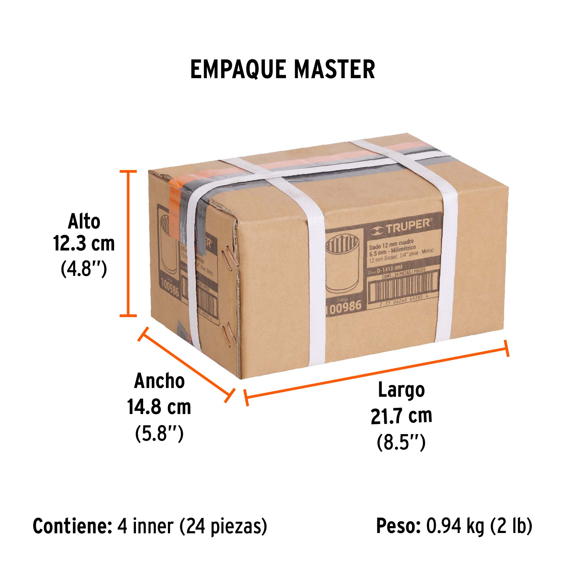 Dado de 12 mm, 12 puntas, cuadro 1/4", TRUPER - Empaque