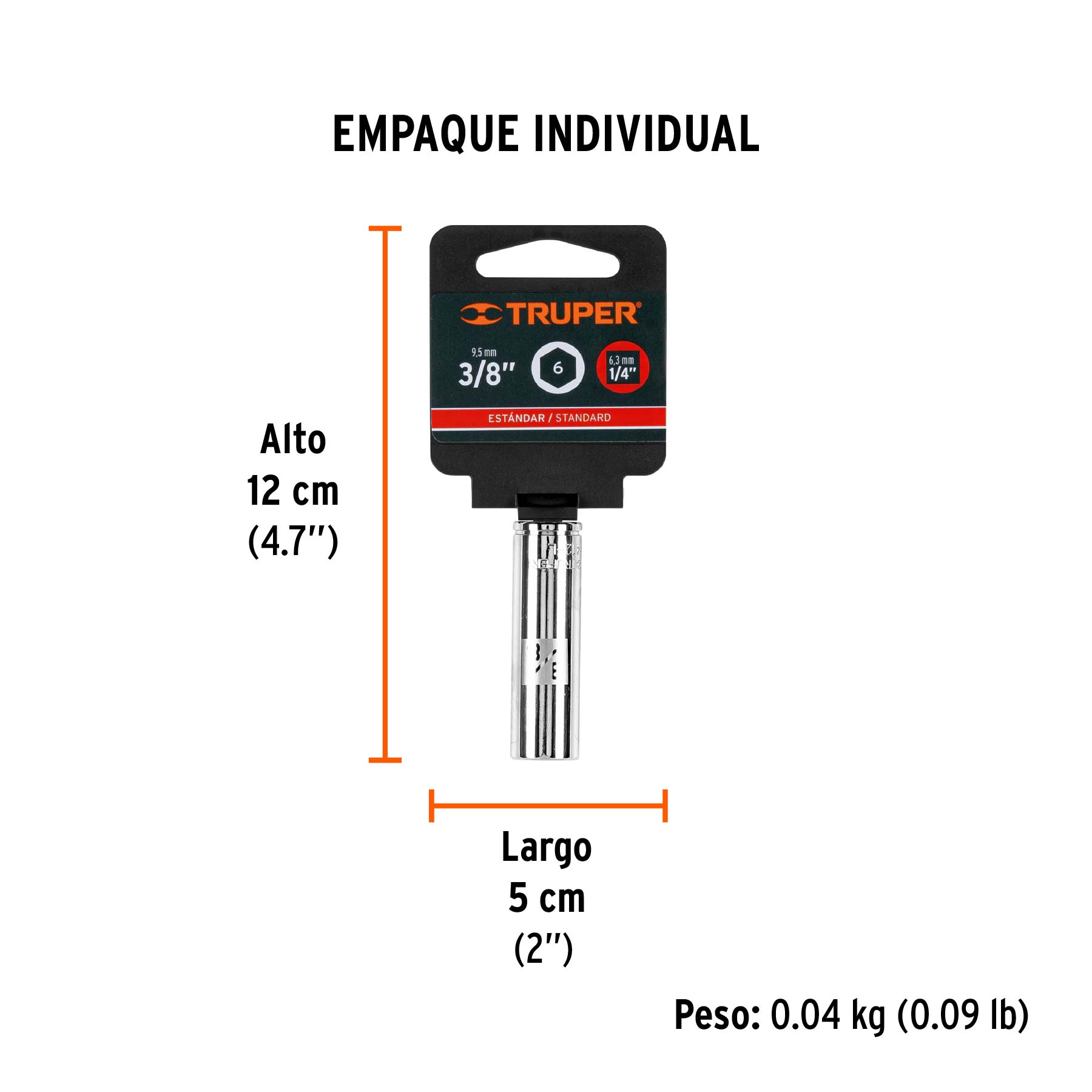 Dado largo de 3/8", 6 puntas, cuadro 1/4", TRUPER - Empaque