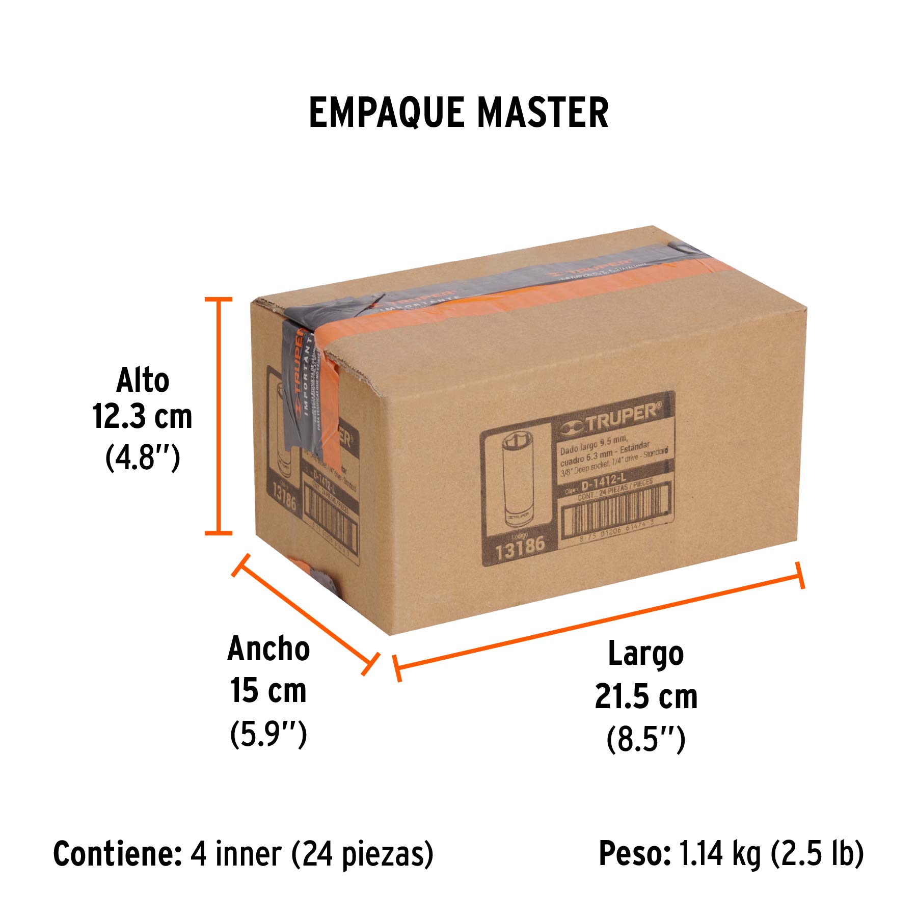 Dado largo de 3/8", 6 puntas, cuadro 1/4", TRUPER - Empaque