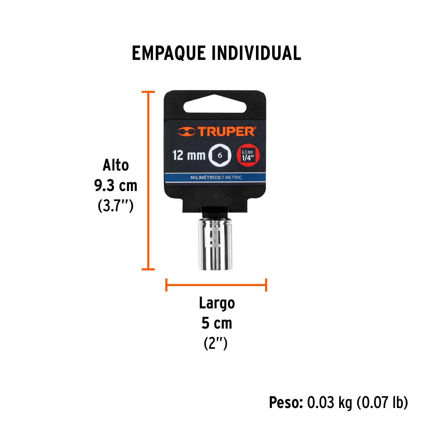 Dado de 12 mm, 6 puntas, cuadro 1/4", TRUPER - Empaque