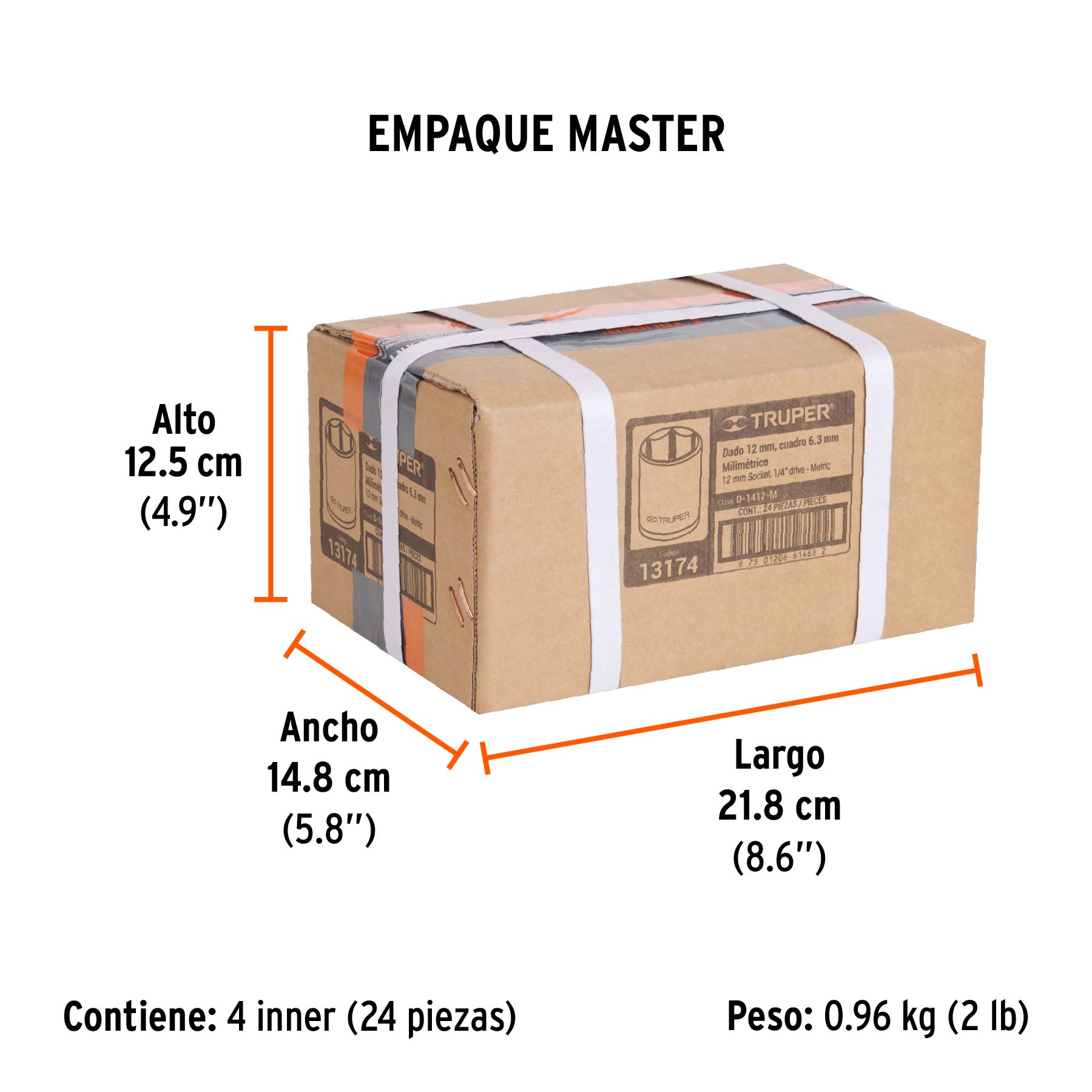 Dado de 12 mm, 6 puntas, cuadro 1/4", TRUPER - Empaque