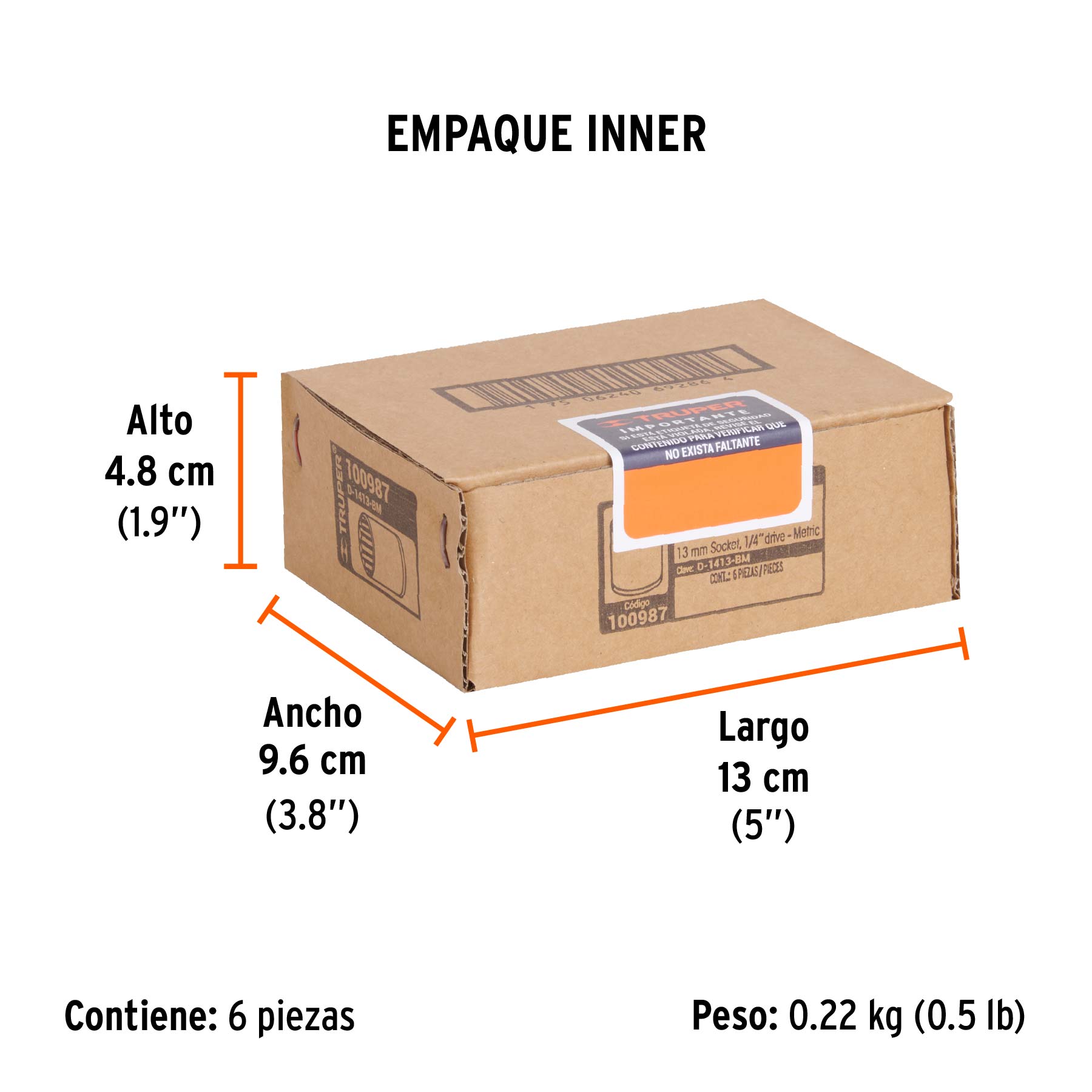 Dado de 13 mm, 12 puntas, cuadro 1/4", TRUPER - Empaque