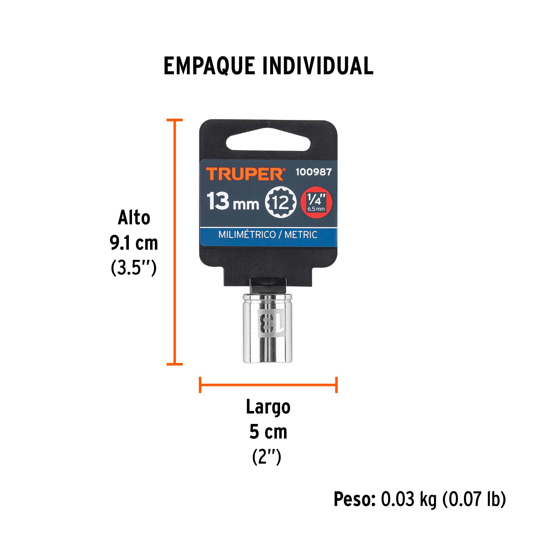 Dado de 13 mm, 12 puntas, cuadro 1/4", TRUPER - Empaque