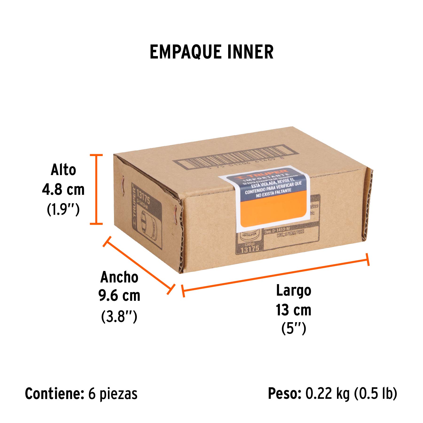 Dado de 13 mm, 6 puntas, cuadro 1/4", TRUPER - Empaque
