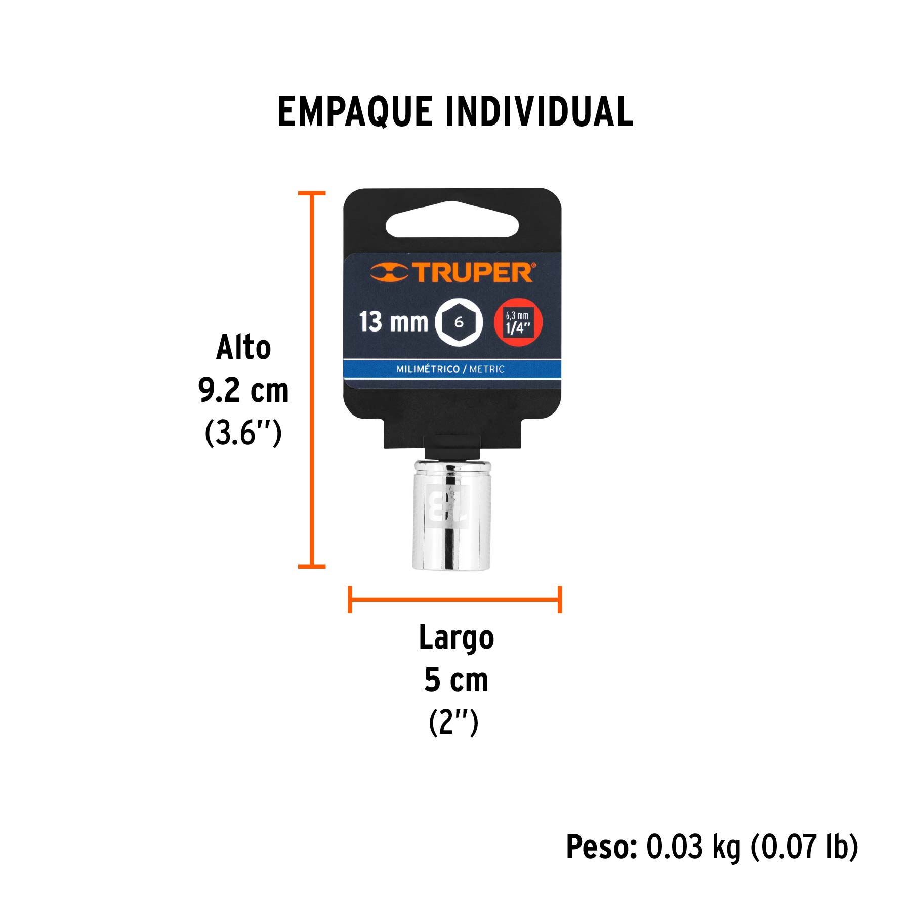 Dado de 13 mm, 6 puntas, cuadro 1/4", TRUPER - Empaque