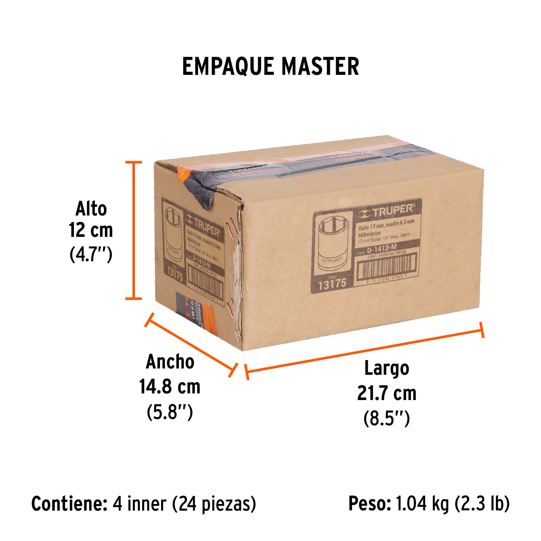 Dado de 13 mm, 6 puntas, cuadro 1/4", TRUPER - Empaque