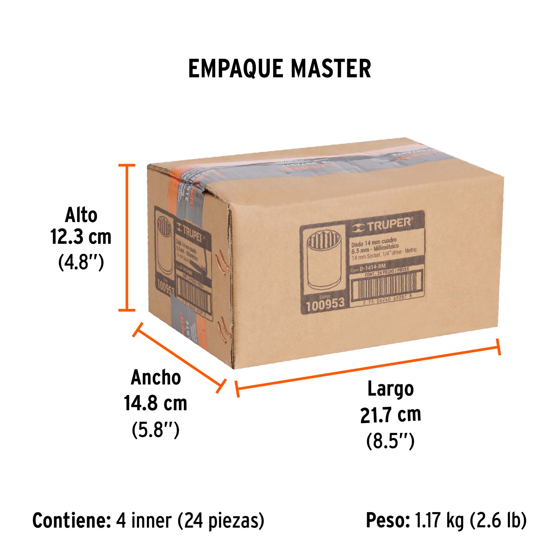 Dado de 14 mm, 12 puntas, cuadro 1/4", TRUPER - Empaque