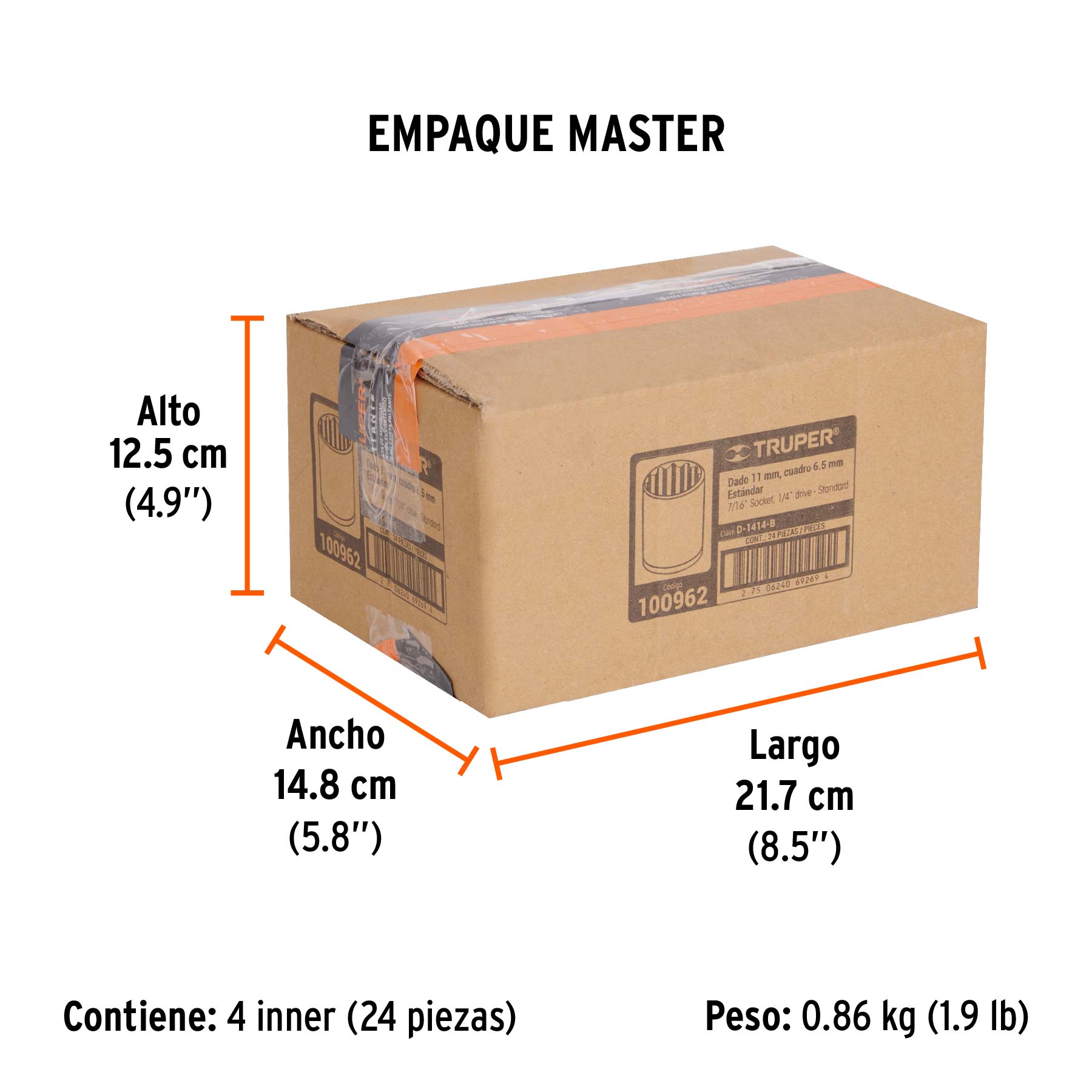 Dado de 7/16", 12 puntas, cuadro 1/4", TRUPER - Empaque