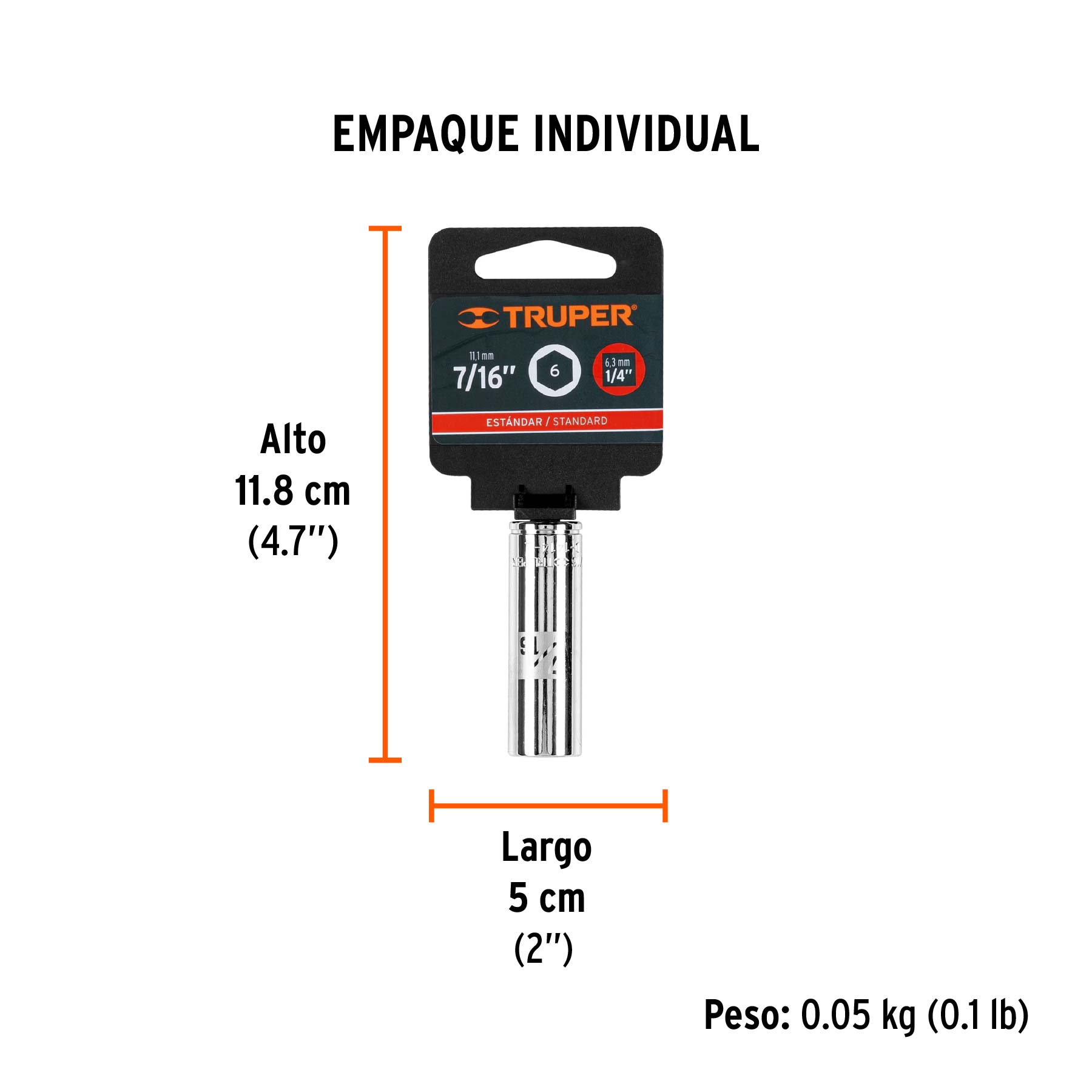 Dado largo de 7/16", 6 puntas, cuadro 1/4", TRUPER - Empaque