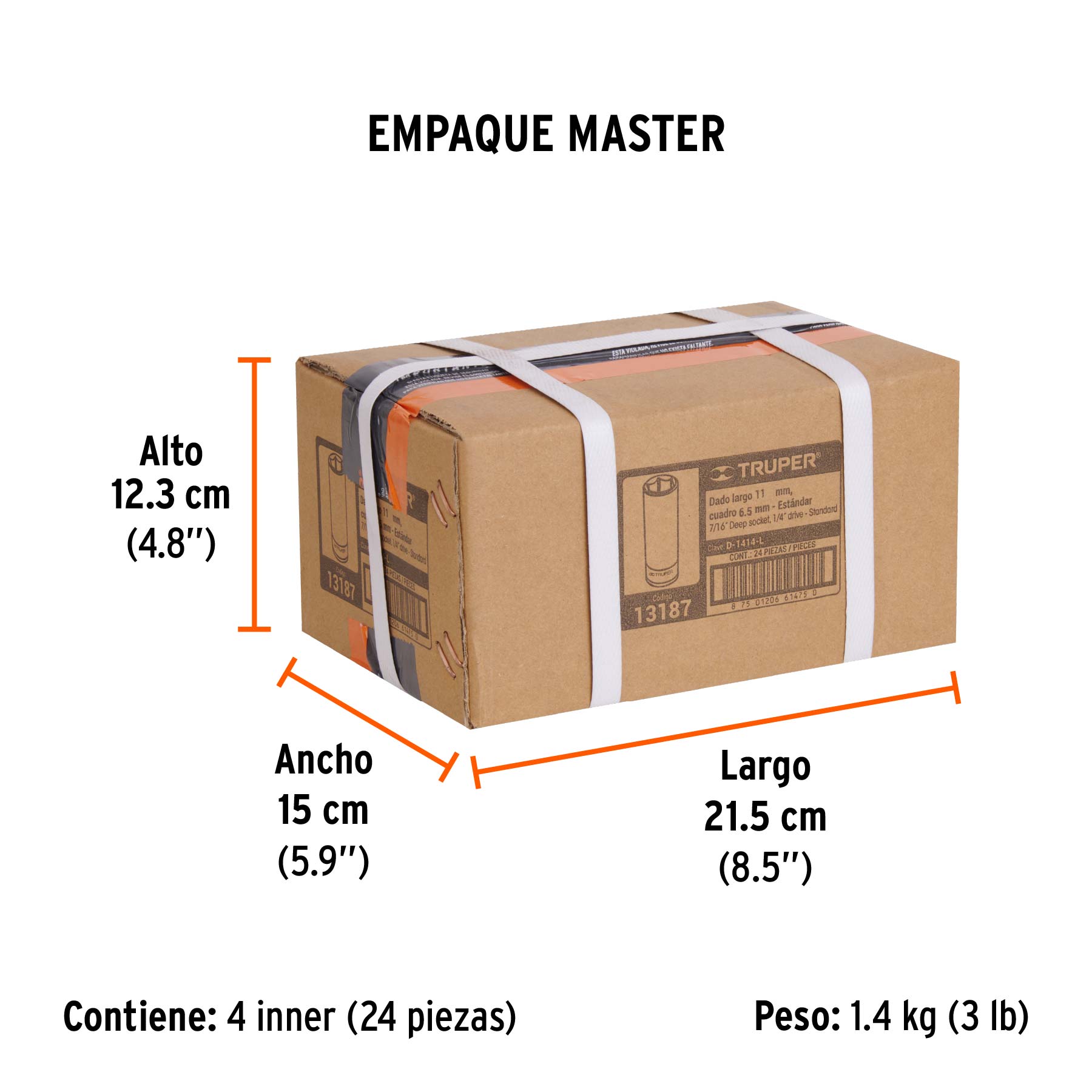 Dado largo de 7/16", 6 puntas, cuadro 1/4", TRUPER - Empaque