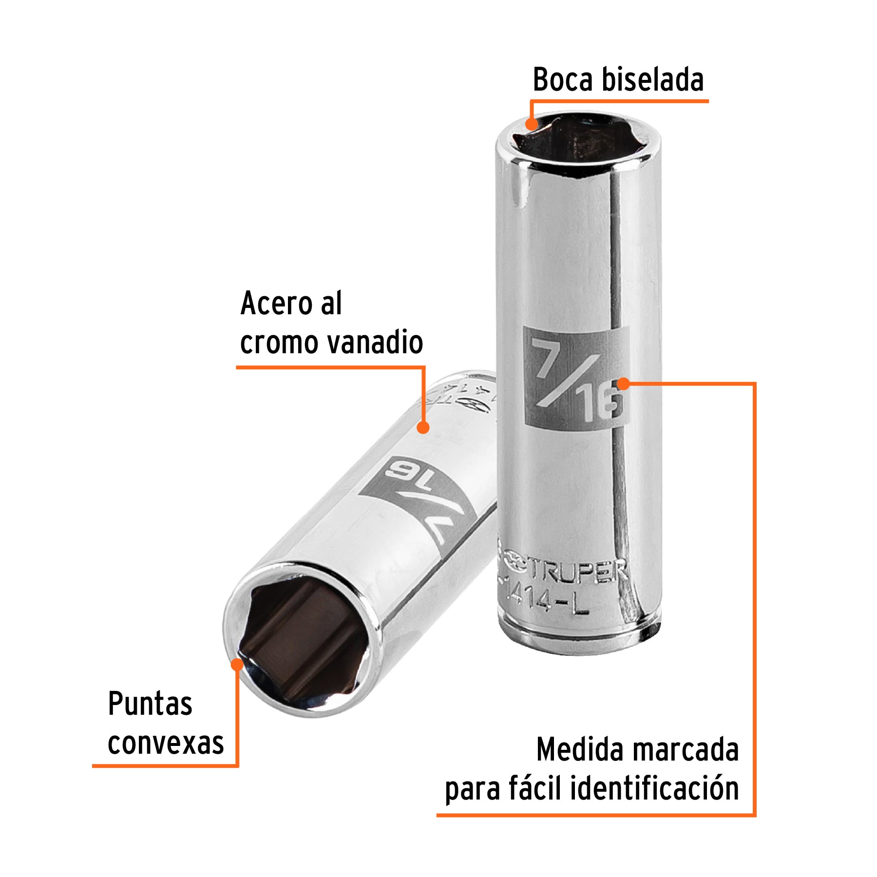Dado largo de 7/16", 6 puntas, cuadro 1/4", TRUPER