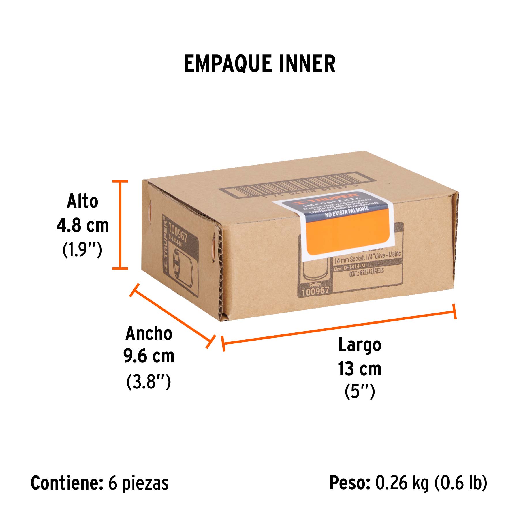 Dado de 14 mm, 6 puntas, cuadro 1/4", TRUPER - Empaque