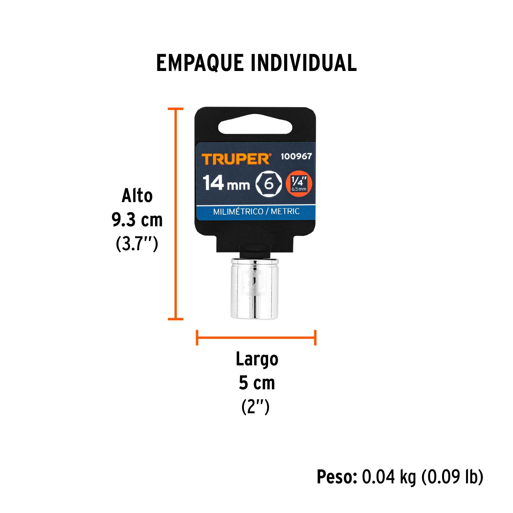 Dado de 14 mm, 6 puntas, cuadro 1/4", TRUPER - Empaque