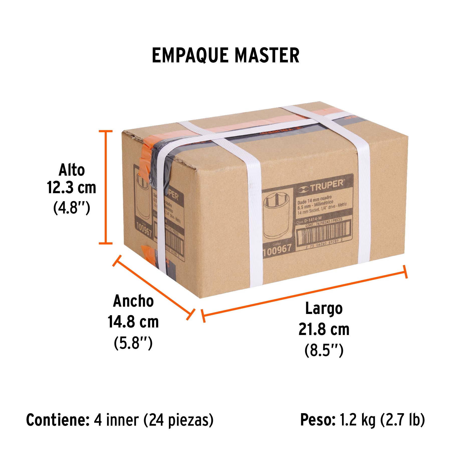 Dado de 14 mm, 6 puntas, cuadro 1/4", TRUPER - Empaque