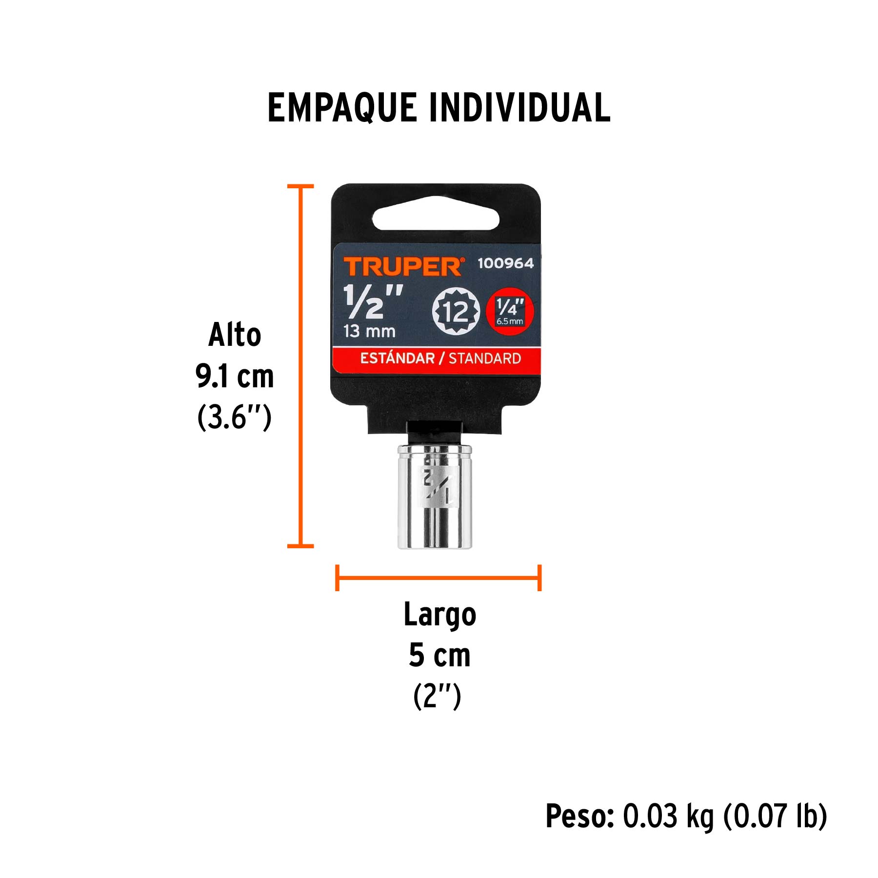 Dado de 1/2", 12 puntas, cuadro 1/4", TRUPER - Empaque