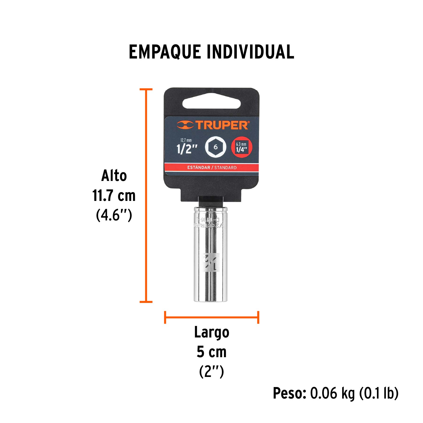 Dado largo de 1/2", 6 puntas, cuadro 1/4", TRUPER - Empaque