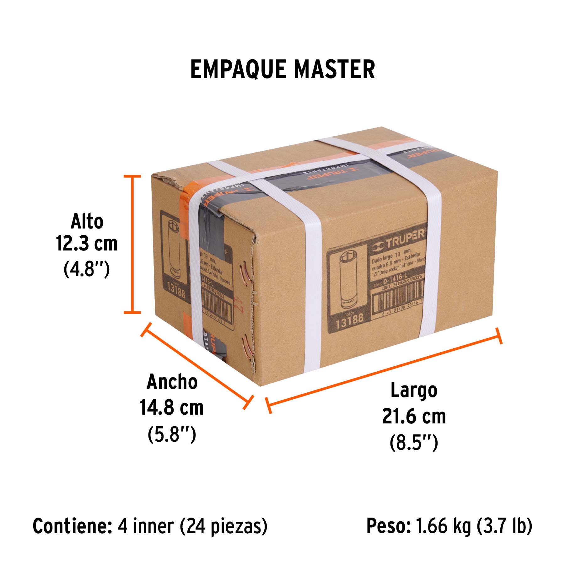 Dado largo de 1/2", 6 puntas, cuadro 1/4", TRUPER - Empaque