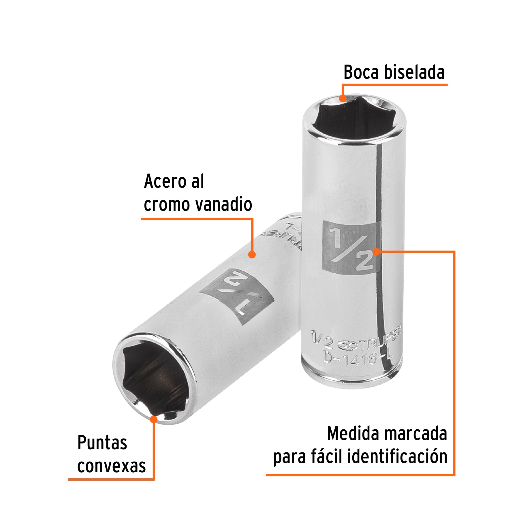 Dado largo de 1/2", 6 puntas, cuadro 1/4", TRUPER