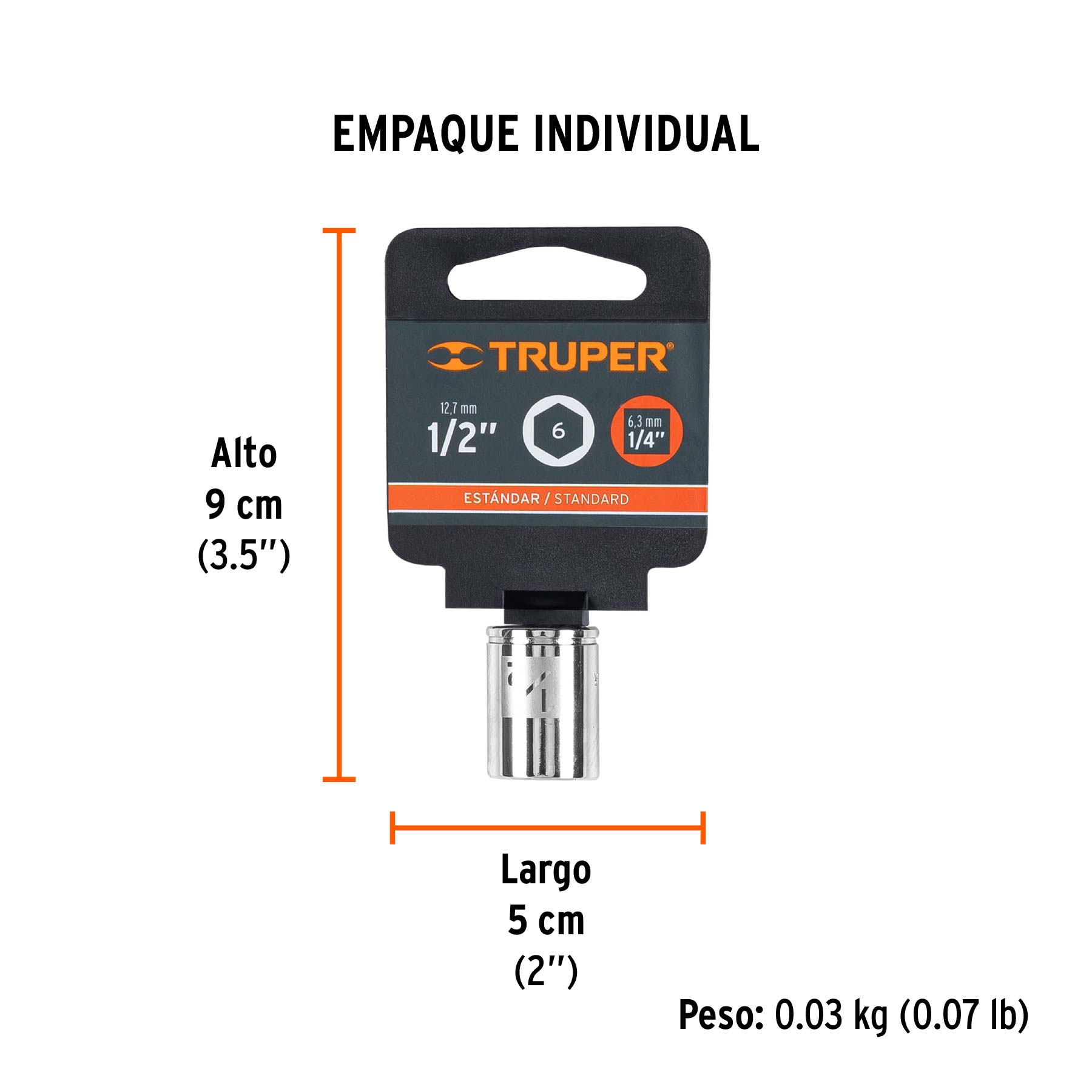 Dado de 1/2", 6 puntas, cuadro 1/4", TRUPER - Empaque