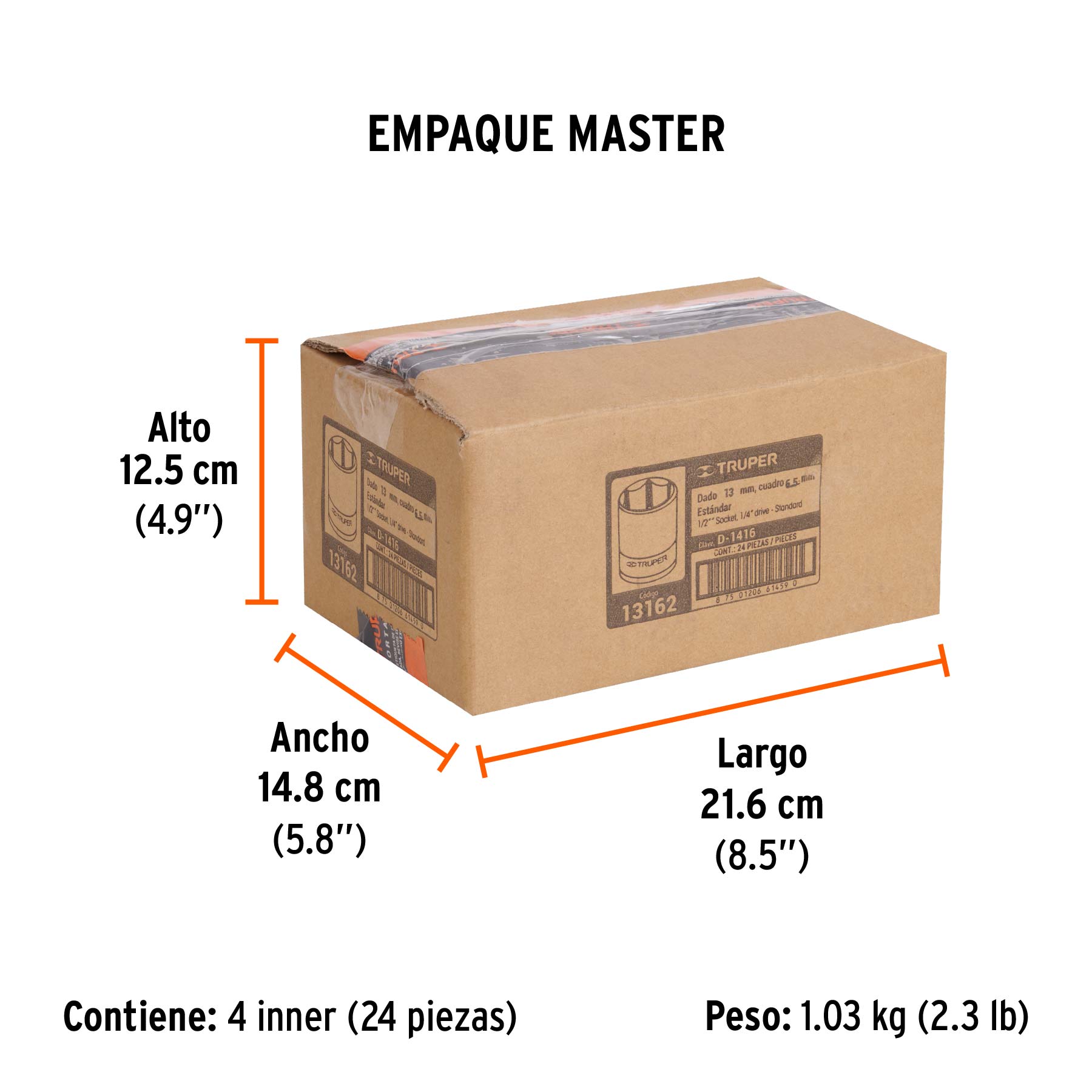 Dado de 1/2", 6 puntas, cuadro 1/4", TRUPER - Empaque