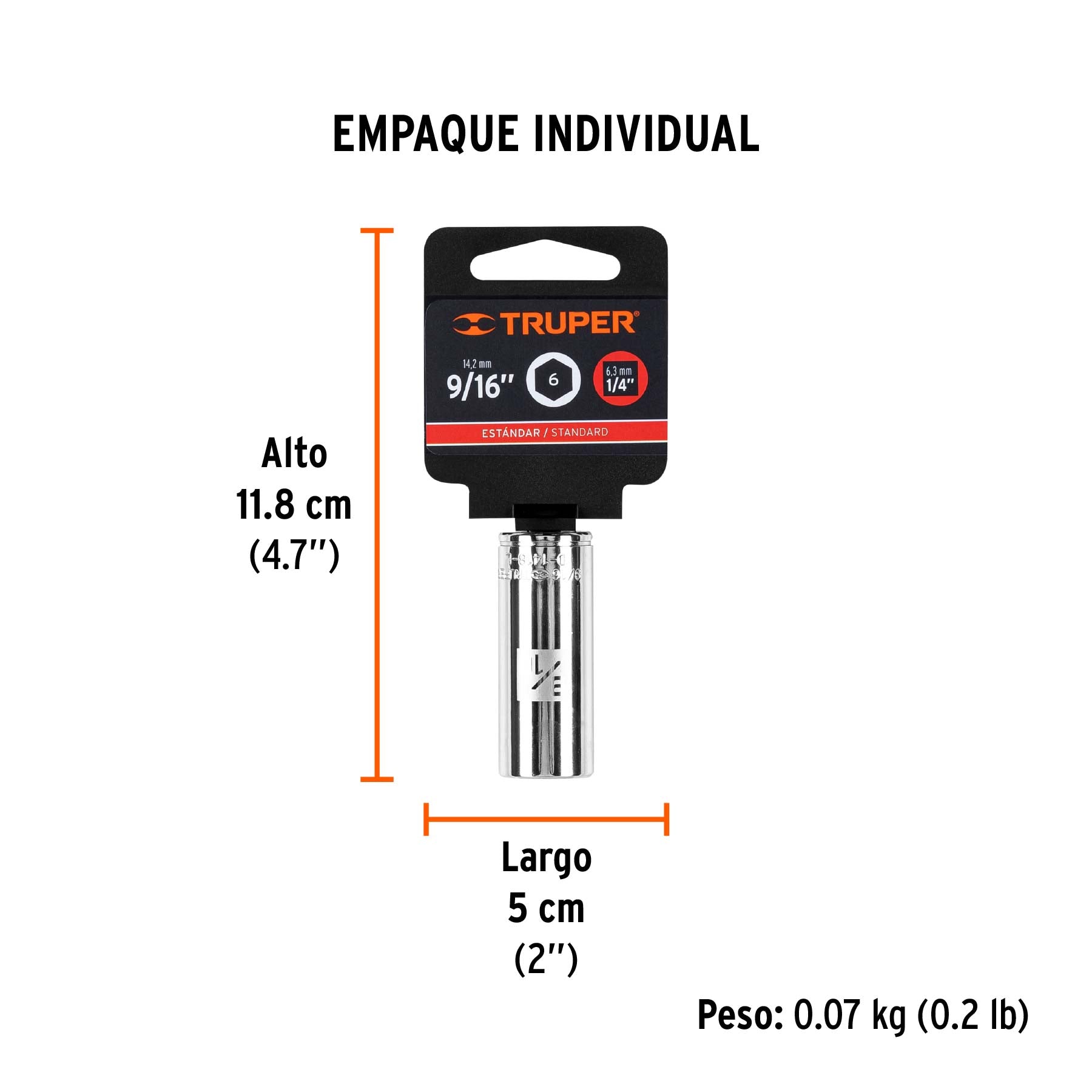 Dado largo de 9/16", 6 puntas, cuadro 1/4", TRUPER - Empaque