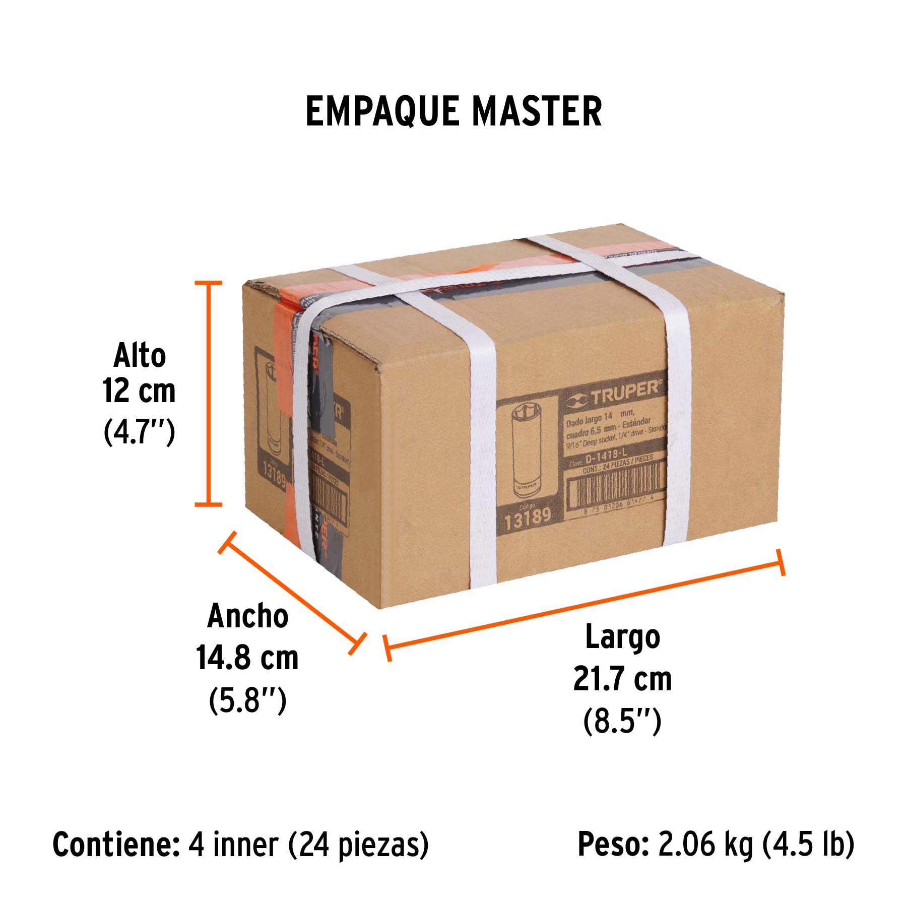 Dado largo de 9/16", 6 puntas, cuadro 1/4", TRUPER - Empaque