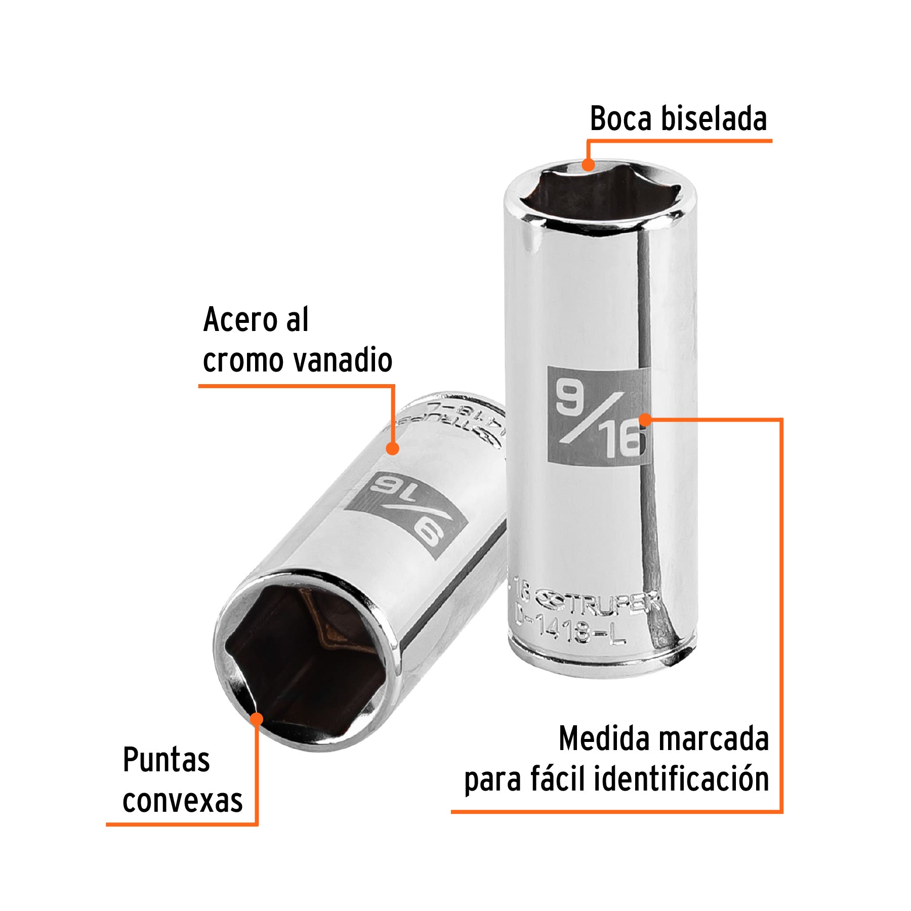 Dado largo de 9/16", 6 puntas, cuadro 1/4", TRUPER