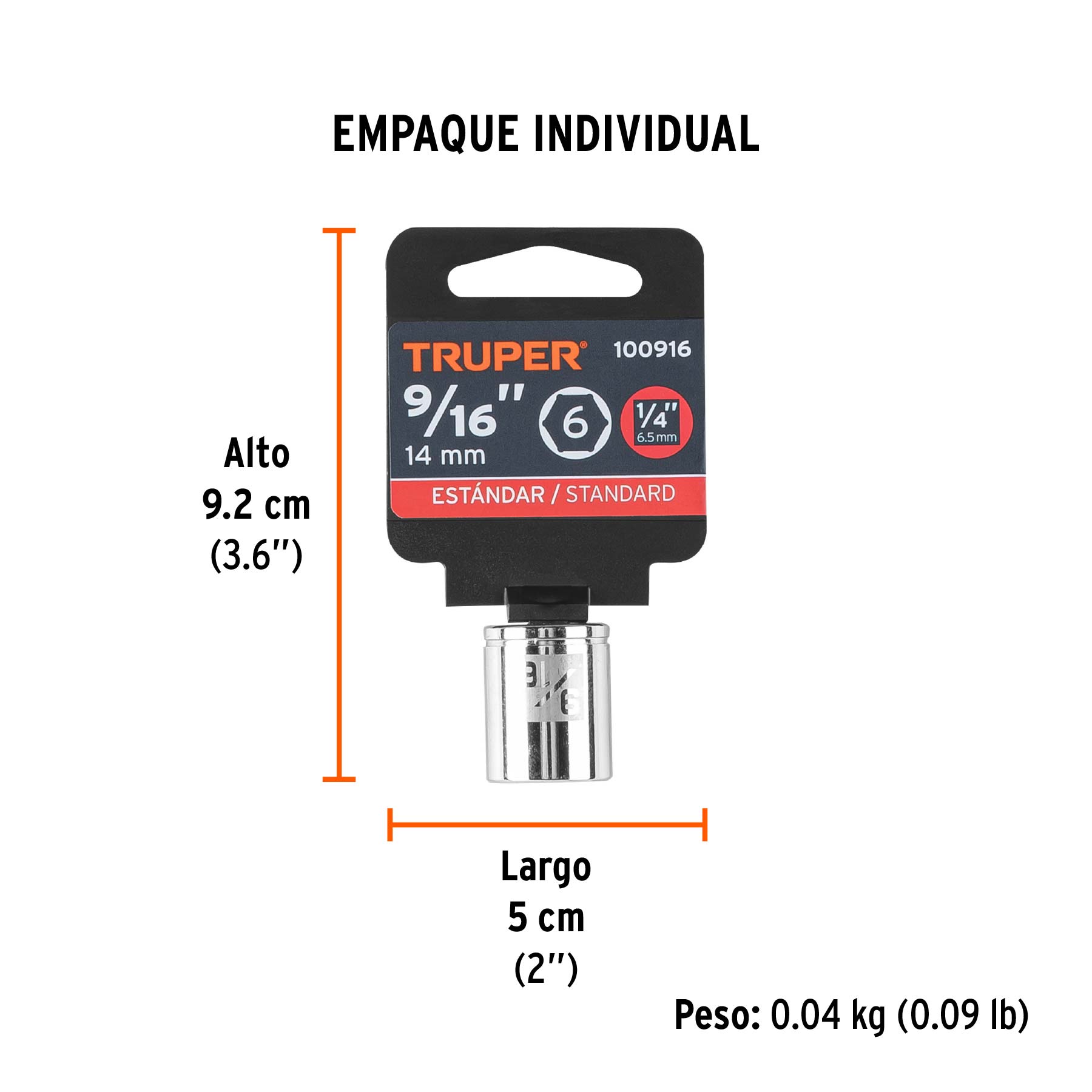Dado de 9/16", 6 puntas, cuadro 1/4", TRUPER - Empaque