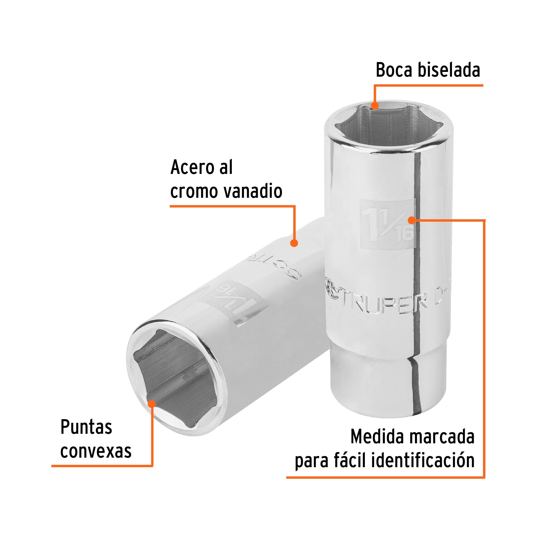 Dado largo de 1-1/16", 6 puntas, cuadro 3/4", TRUPER