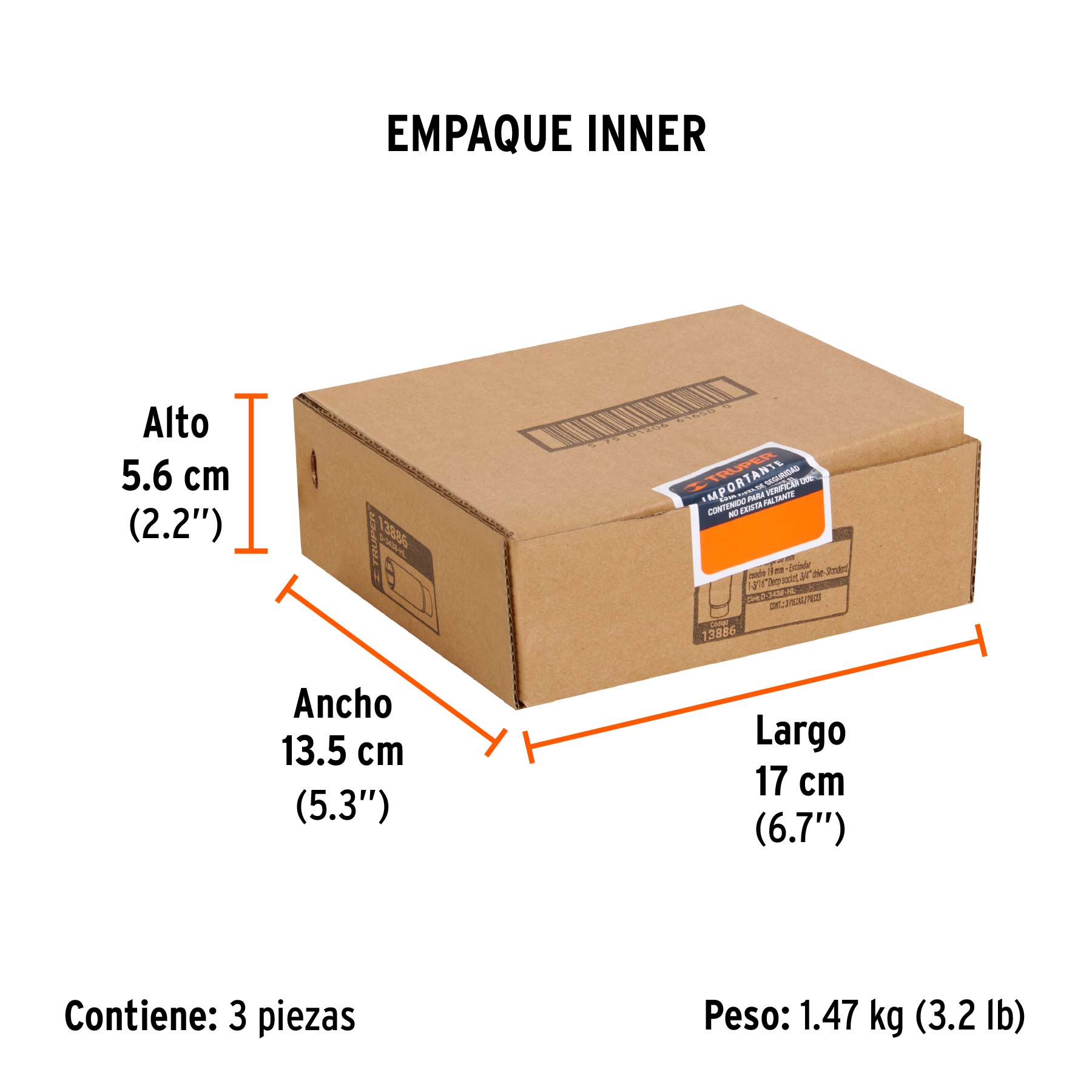 Dado largo de 1-3/16", 6 puntas, cuadro 3/4", TRUPER - Empaque