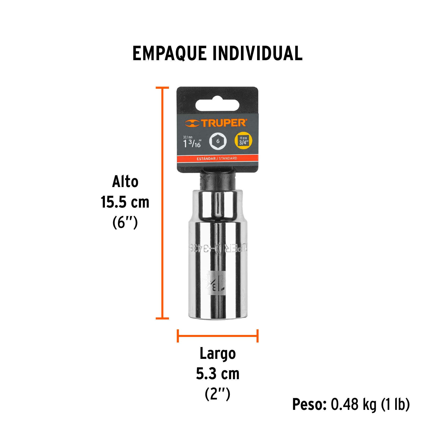 Dado largo de 1-3/16", 6 puntas, cuadro 3/4", TRUPER - Empaque