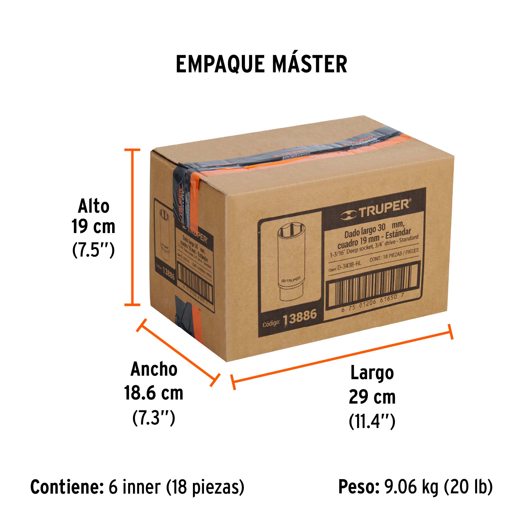 Dado largo de 1-3/16", 6 puntas, cuadro 3/4", TRUPER - Empaque