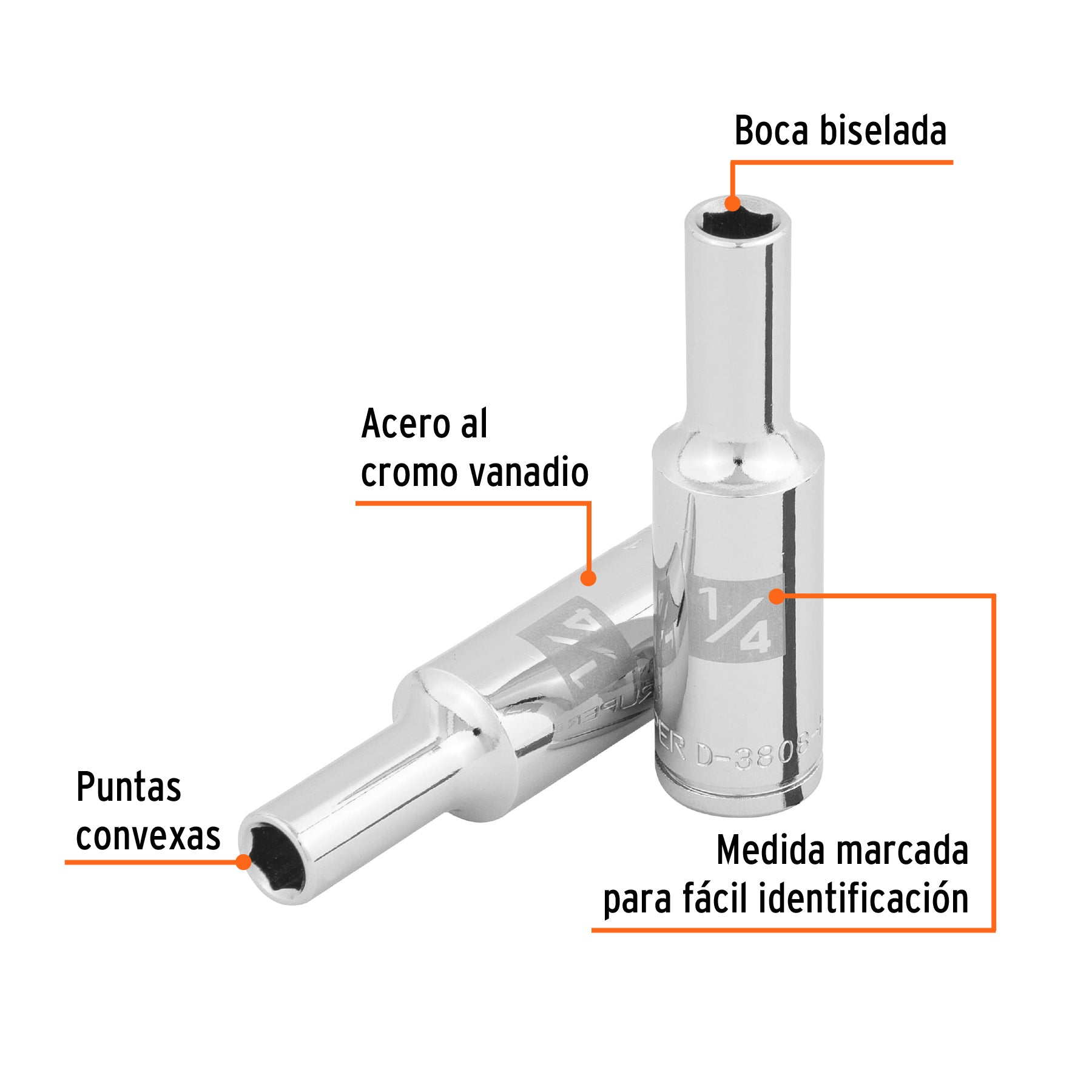 Dado largo de 1/4", 6 puntas, cuadro 3/8", TRUPER