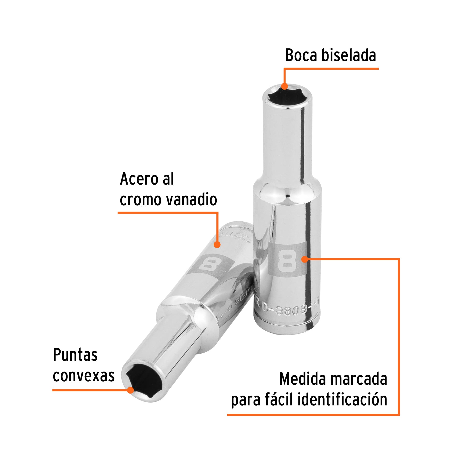 Dado largo de 8 mm, 6 puntas, cuadro 3/8", TRUPER