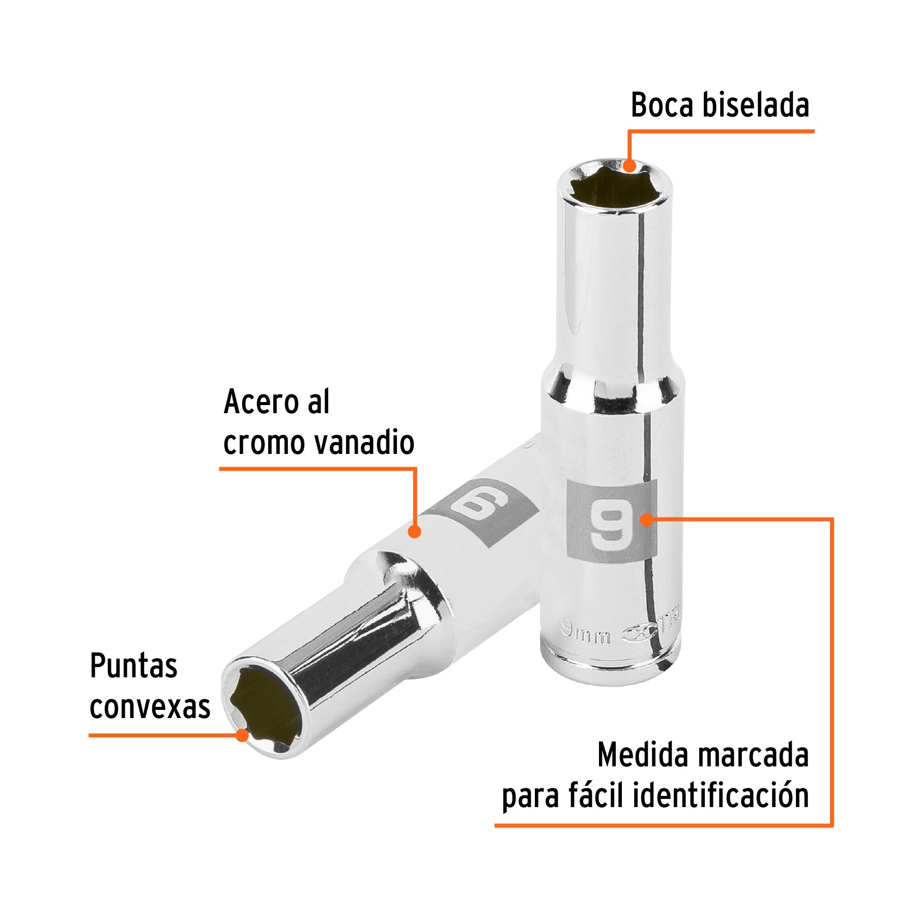 Dado largo de 9 mm, 6 puntas, cuadro 3/8", TRUPER