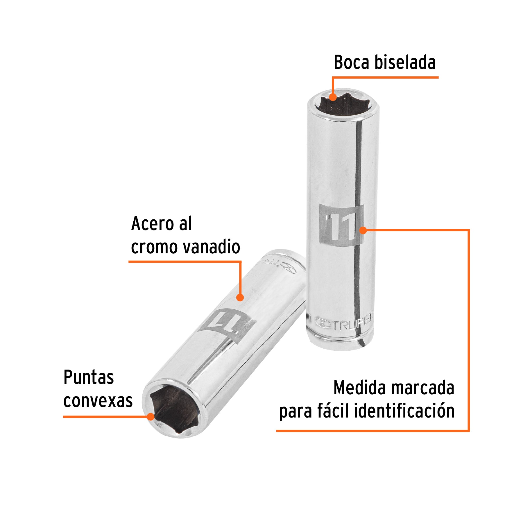 Dado largo de 11 mm, 6 puntas, cuadro 3/8", TRUPER
