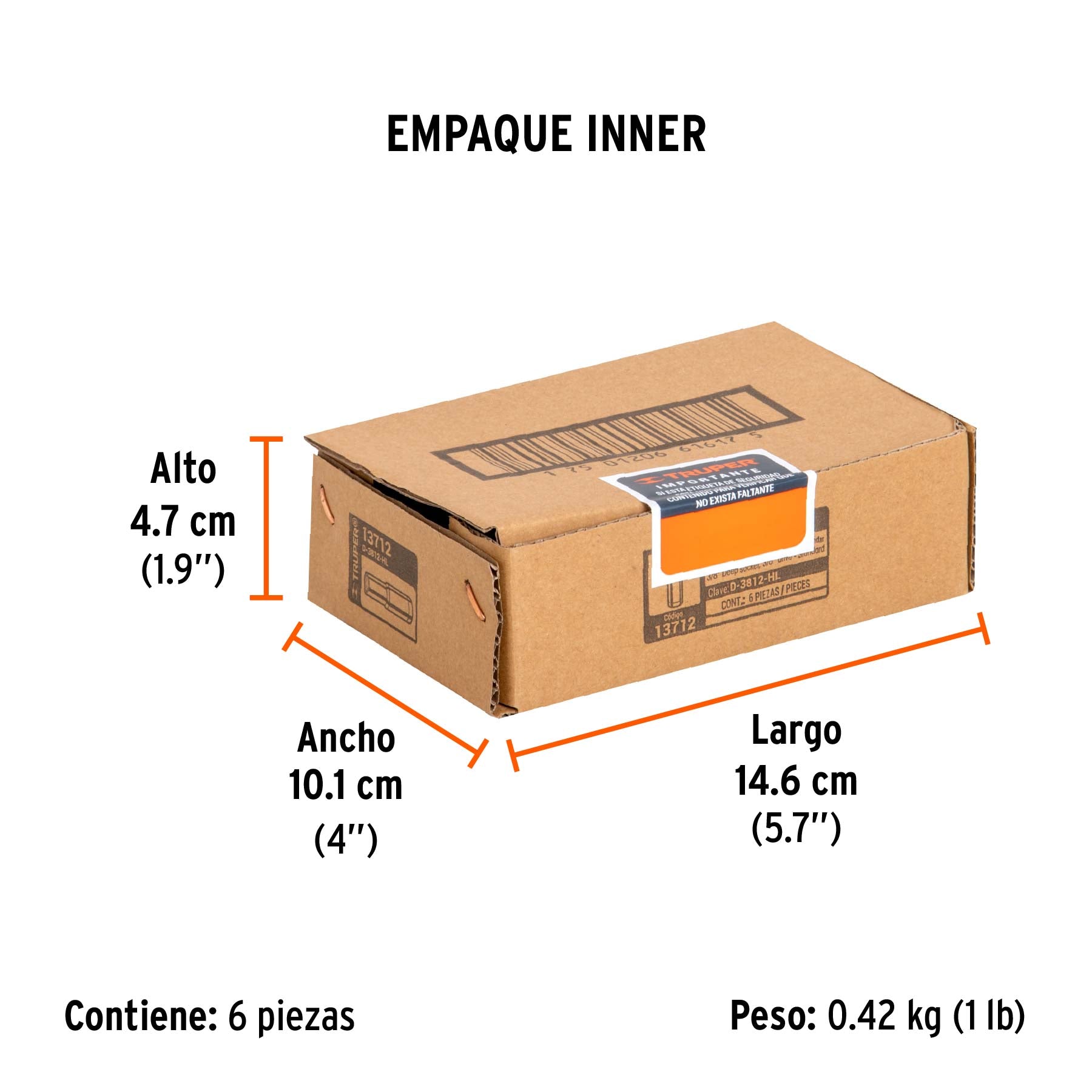 Dado largo de 3/8", 6 puntas, cuadro 3/8", TRUPER - Empaque