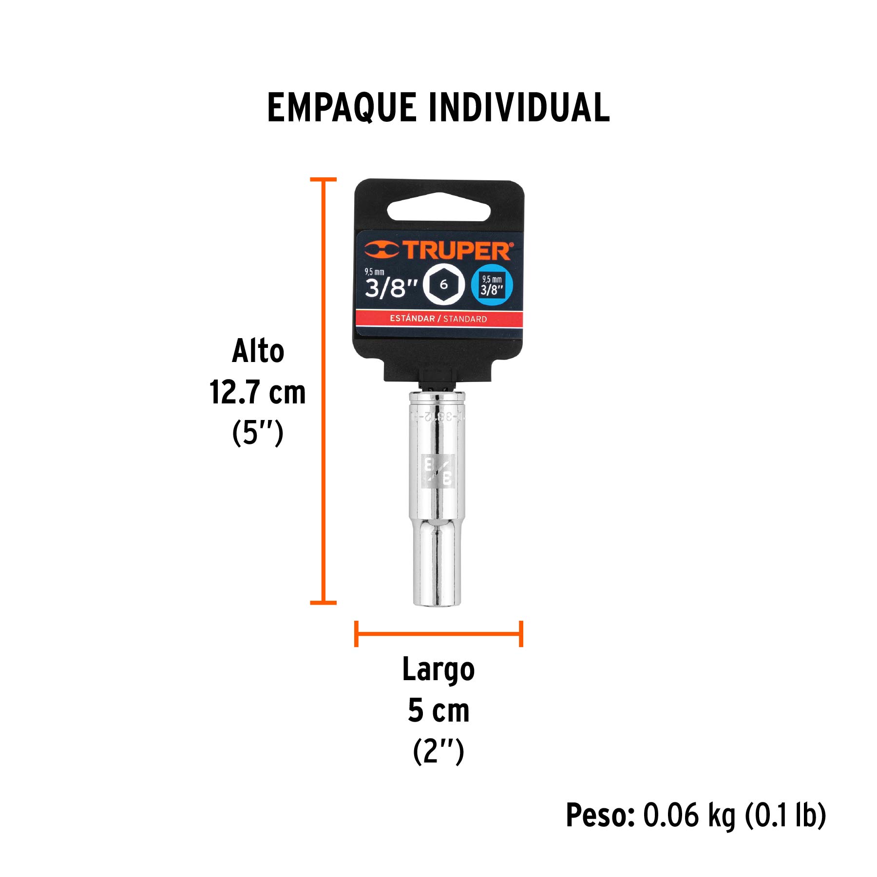 Dado largo de 3/8", 6 puntas, cuadro 3/8", TRUPER - Empaque