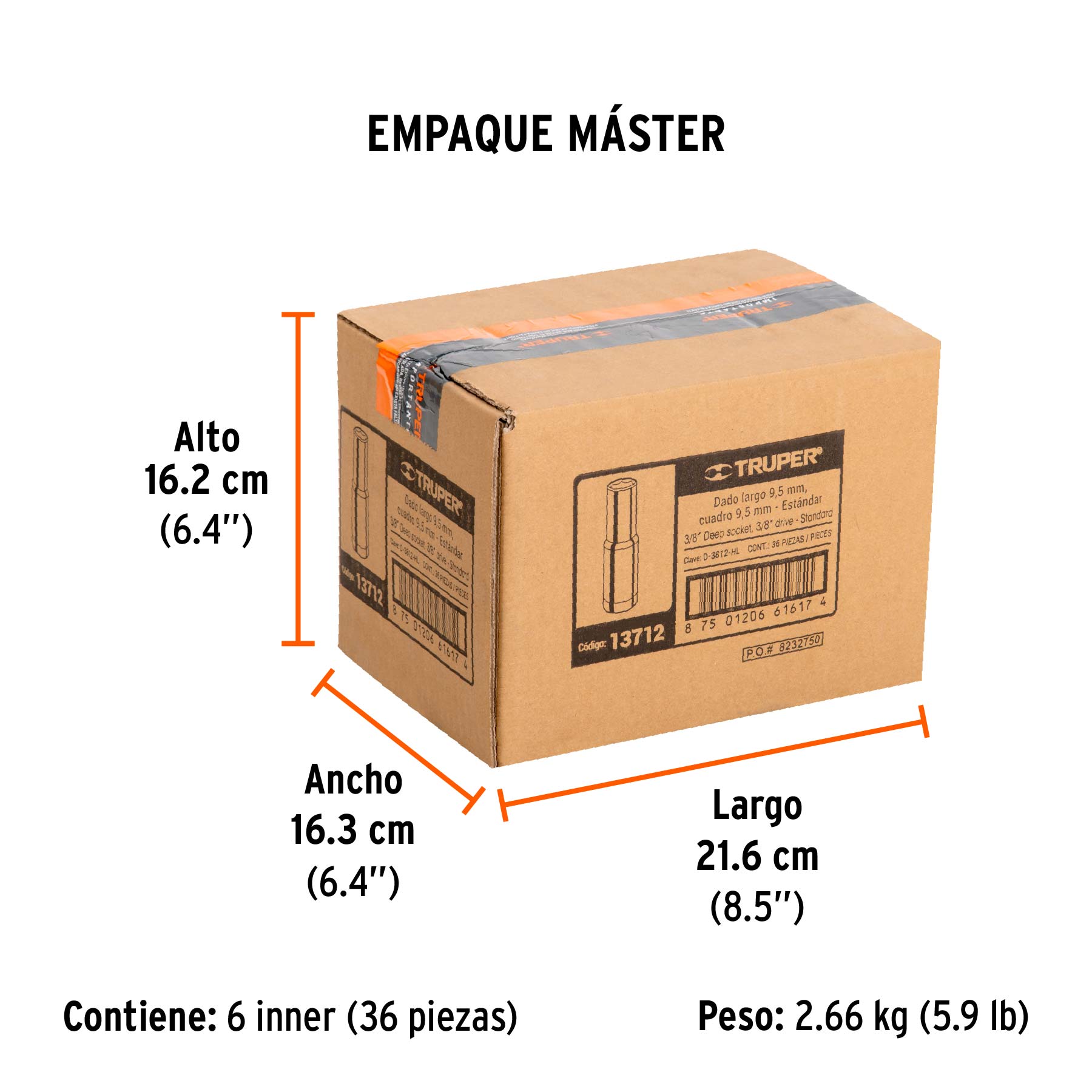 Dado largo de 3/8", 6 puntas, cuadro 3/8", TRUPER - Empaque