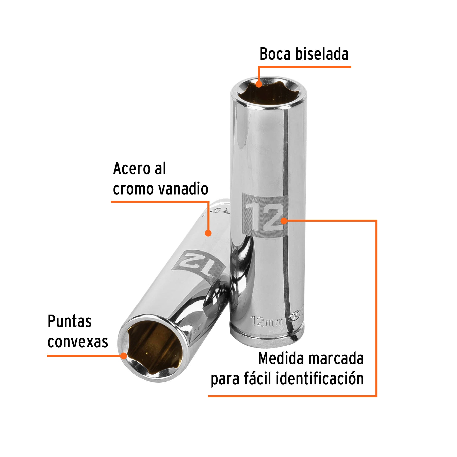 Dado largo de 12 mm, 6 puntas, cuadro 3/8", TRUPER