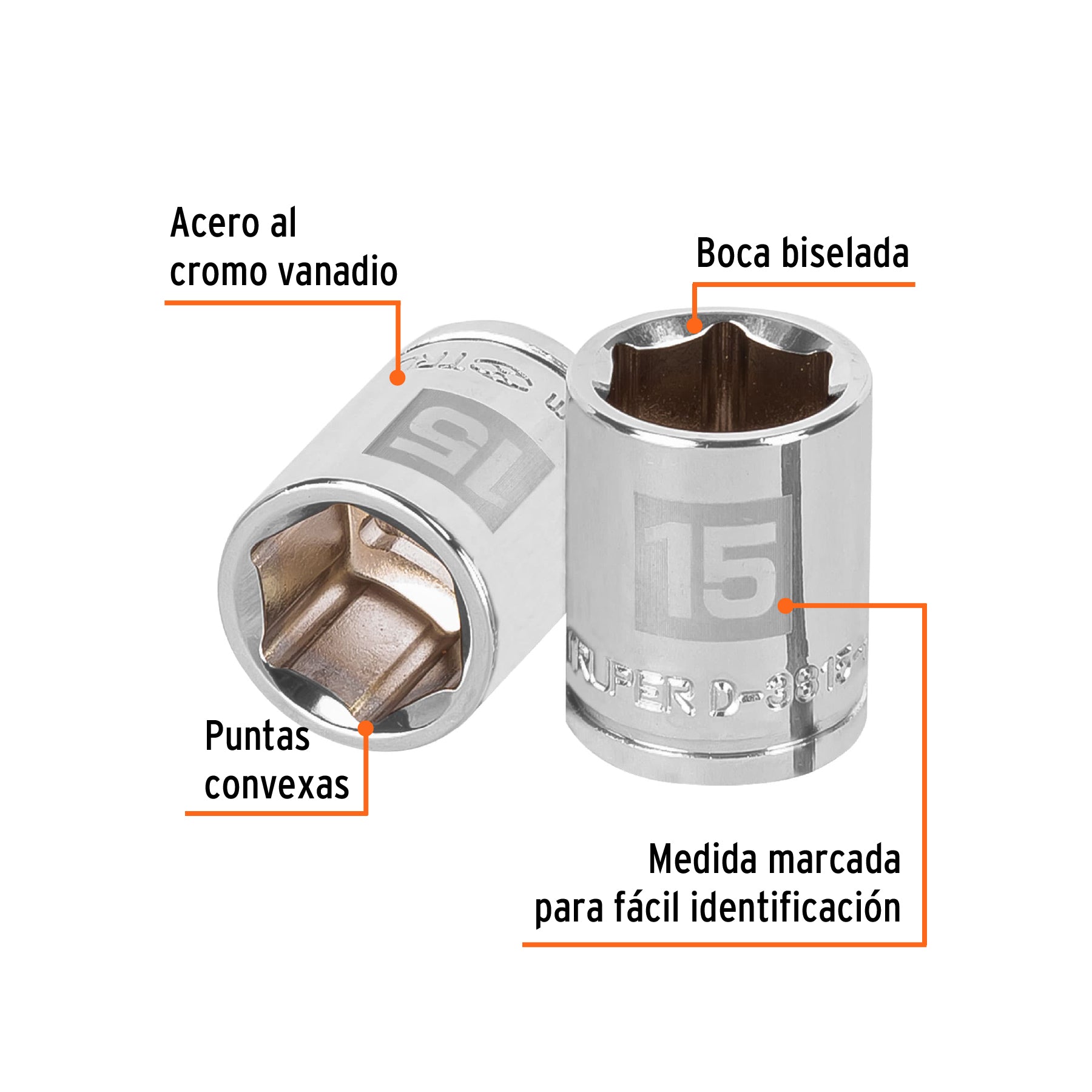 Dado de 15 mm, 6 puntas, cuadro 3/8", TRUPER