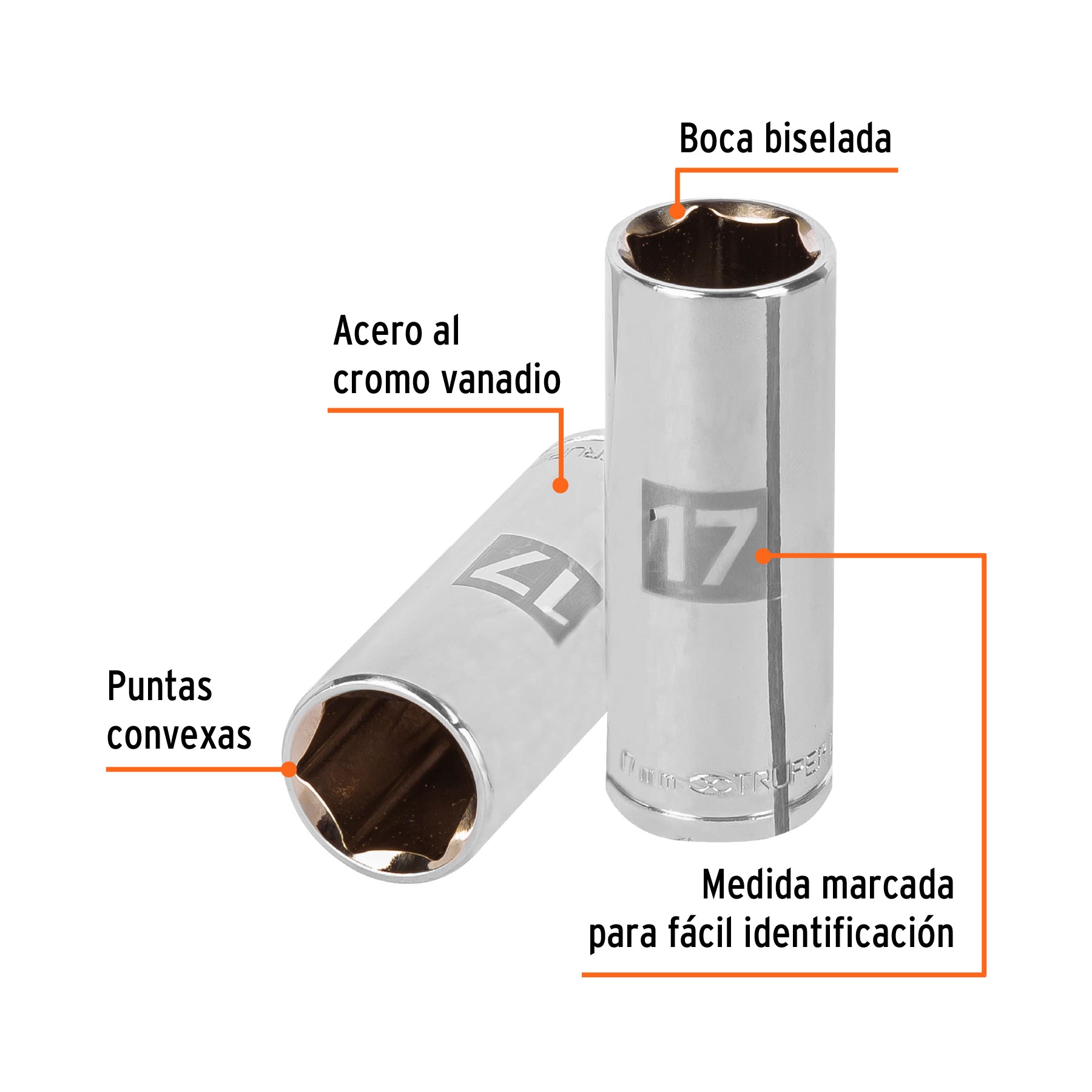 Dado largo de 17 mm, 6 puntas, cuadro 3/8", TRUPER