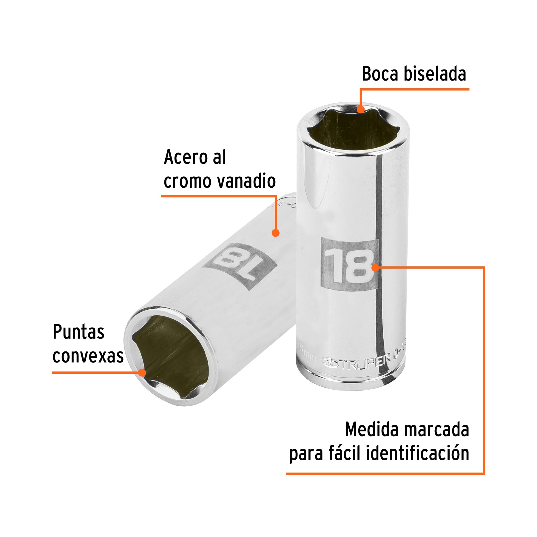 Dado largo de 18 mm, 6 puntas, cuadro 3/8", TRUPER