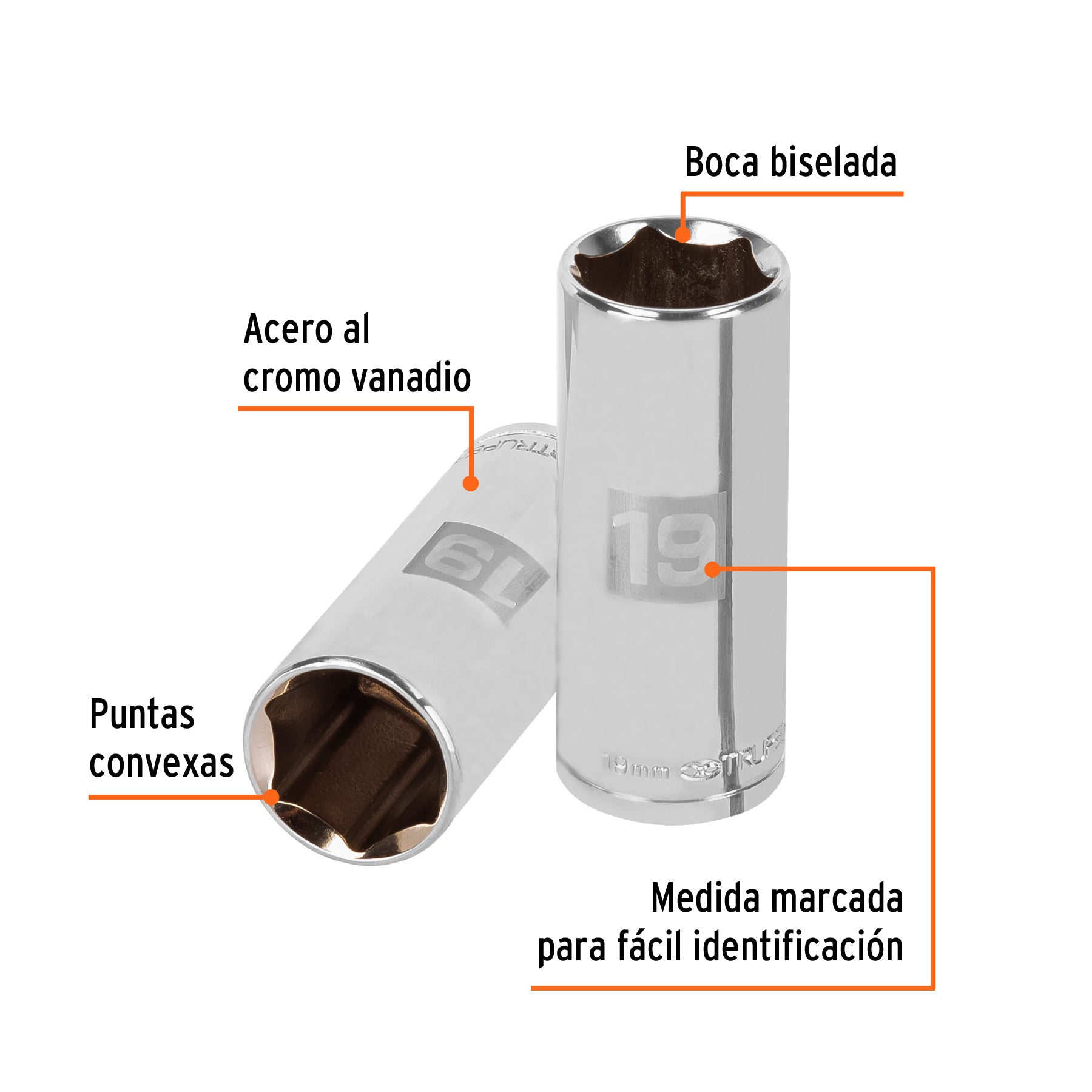 Dado largo de 19 mm, 6 puntas, cuadro 3/8", TRUPER