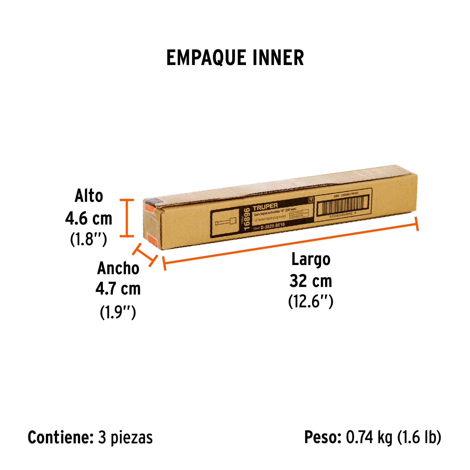 Dado p/bujías cuadro 3/8" articulado 5/8", extensión 10" - Empaque