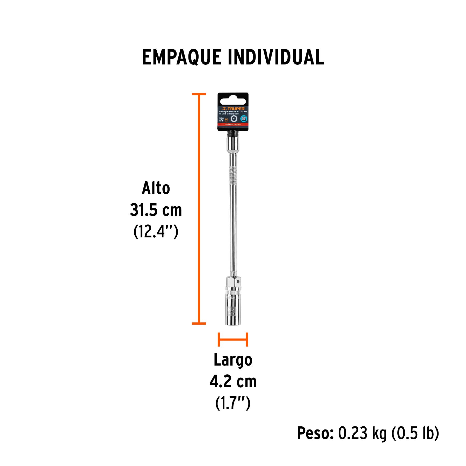 Dado p/bujías cuadro 3/8" articulado 5/8", extensión 10" - Empaque