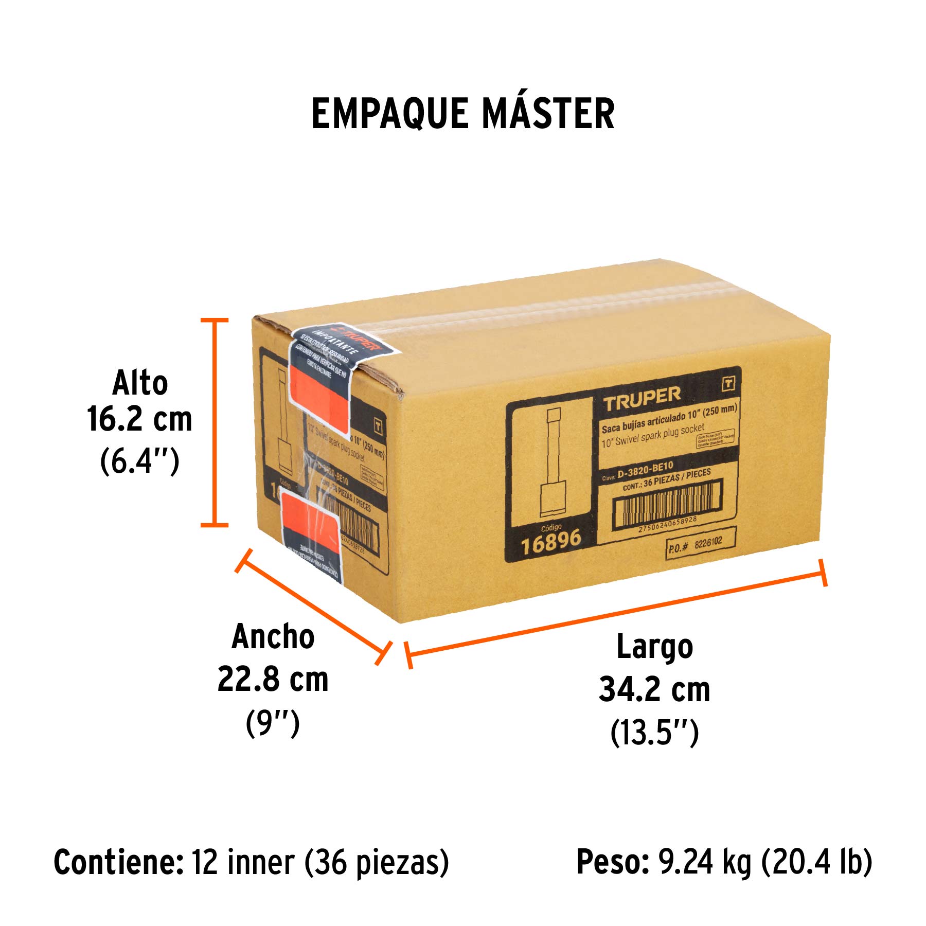 Dado p/bujías cuadro 3/8" articulado 5/8", extensión 10" - Empaque