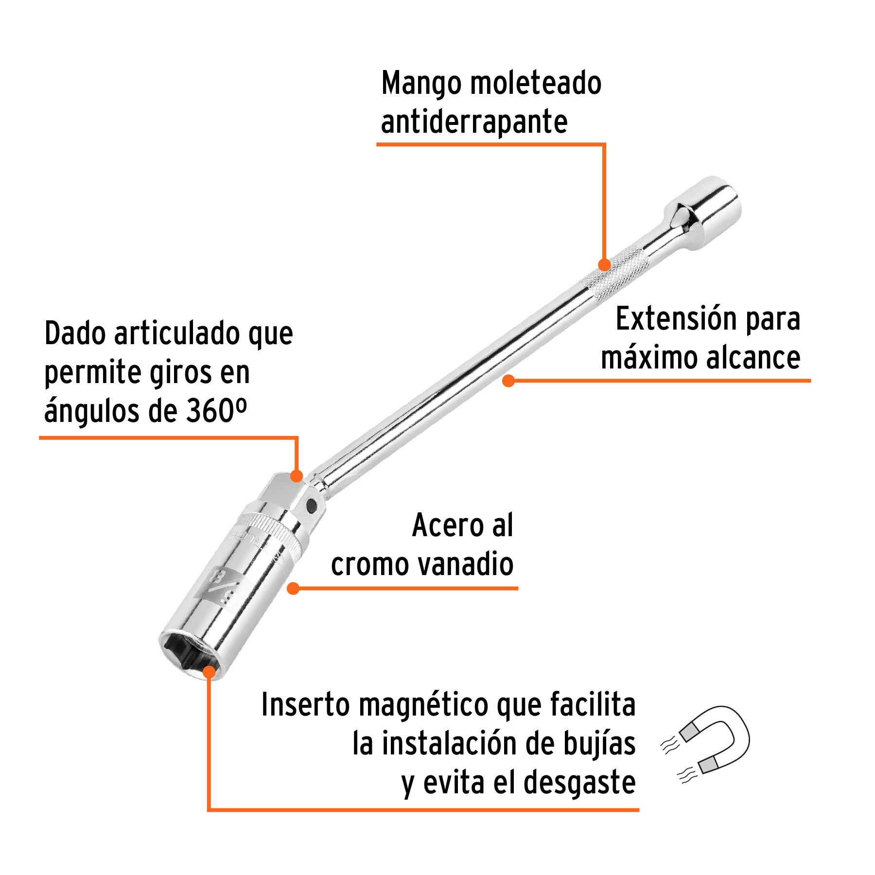 Dado p/bujías cuadro 3/8" articulado 5/8", extensión 10"
