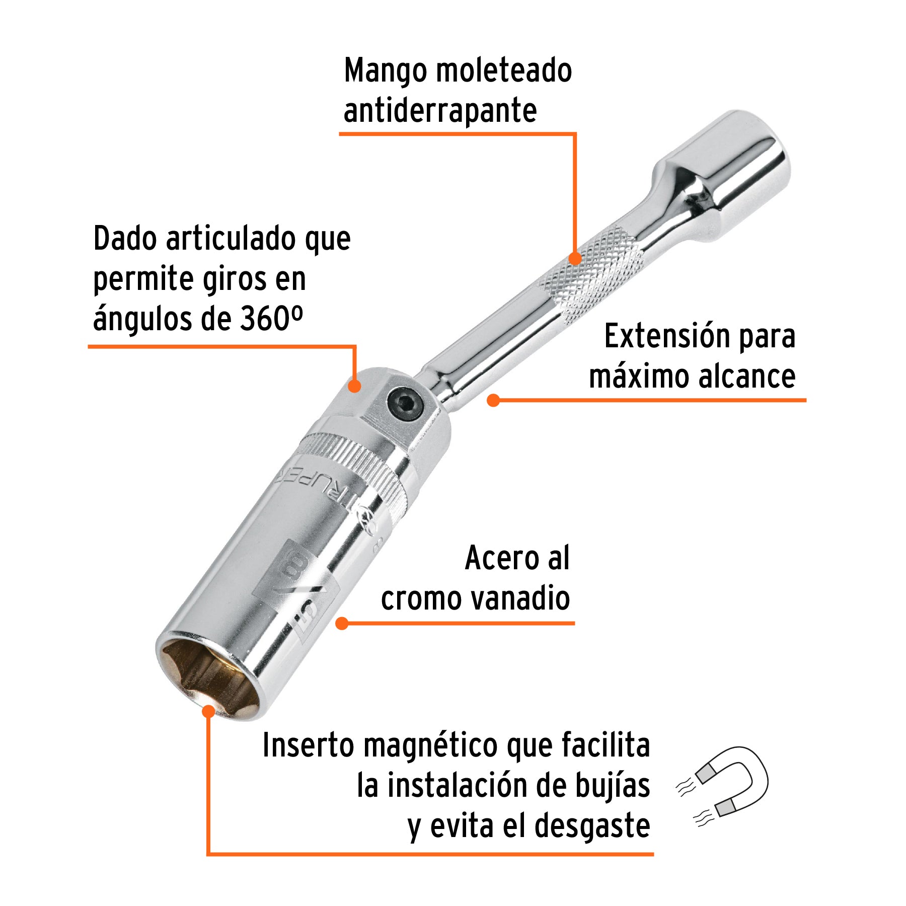 Dado p/bujías cuadro 3/8" articulado 5/8", extensión 6"