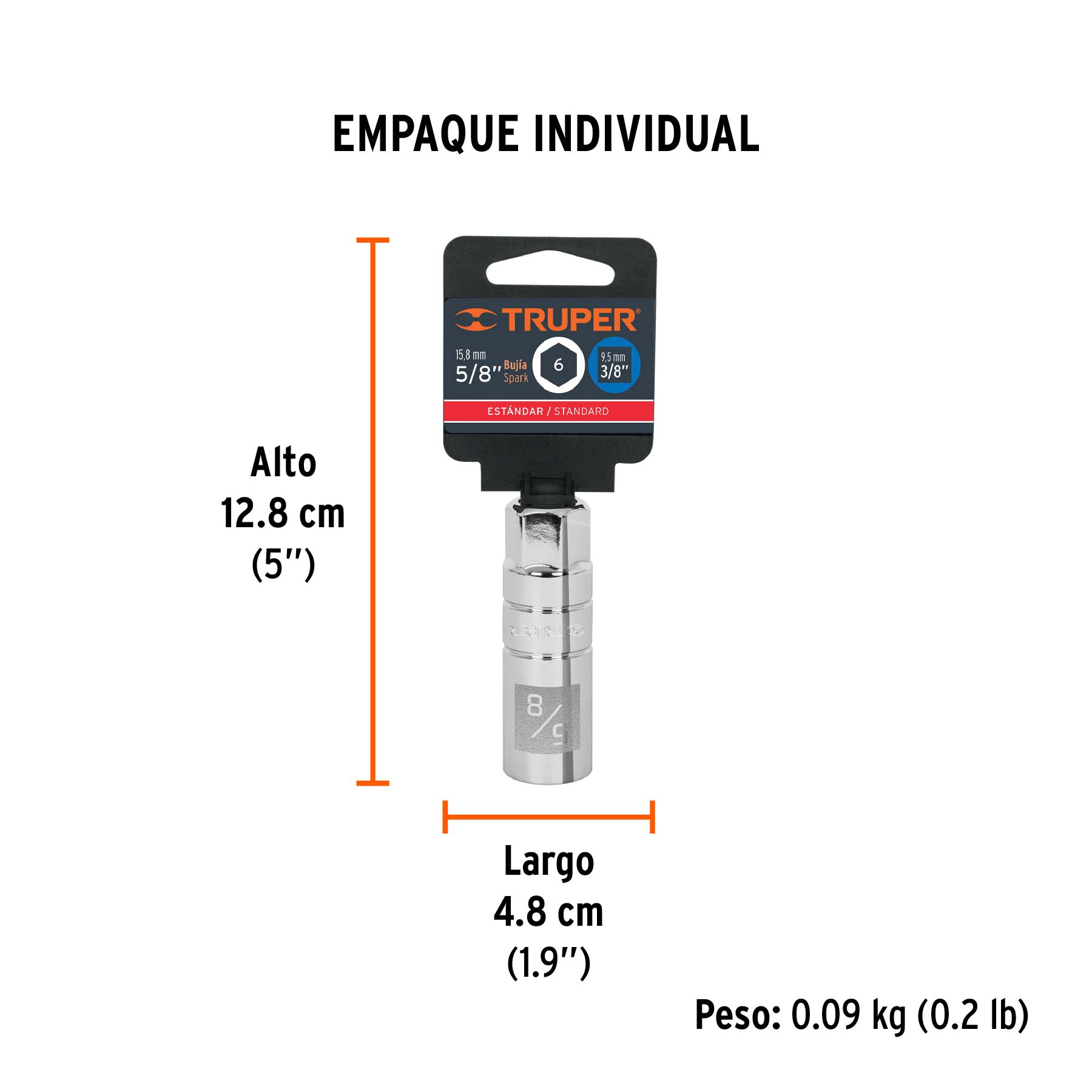 Dado para bujías de 5/8", 6 puntas, cuadro 3/8", TRUPER - Empaque